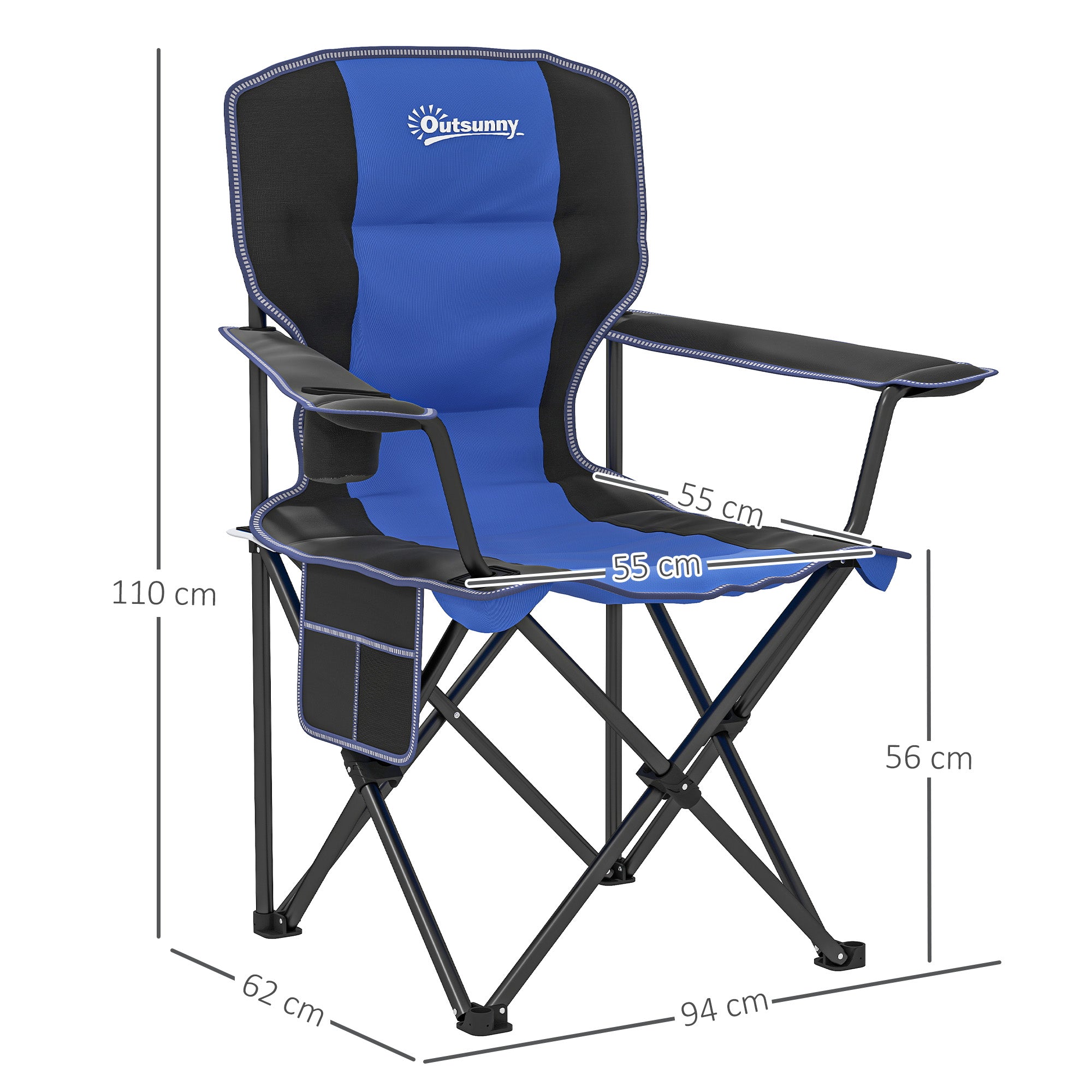 Folding Camping Chair with Side Pocket and Cup Holder, Garden Chair in Oxford Fabric and Metal, Up to 120 kg, 94x62x110 cm, Blue
