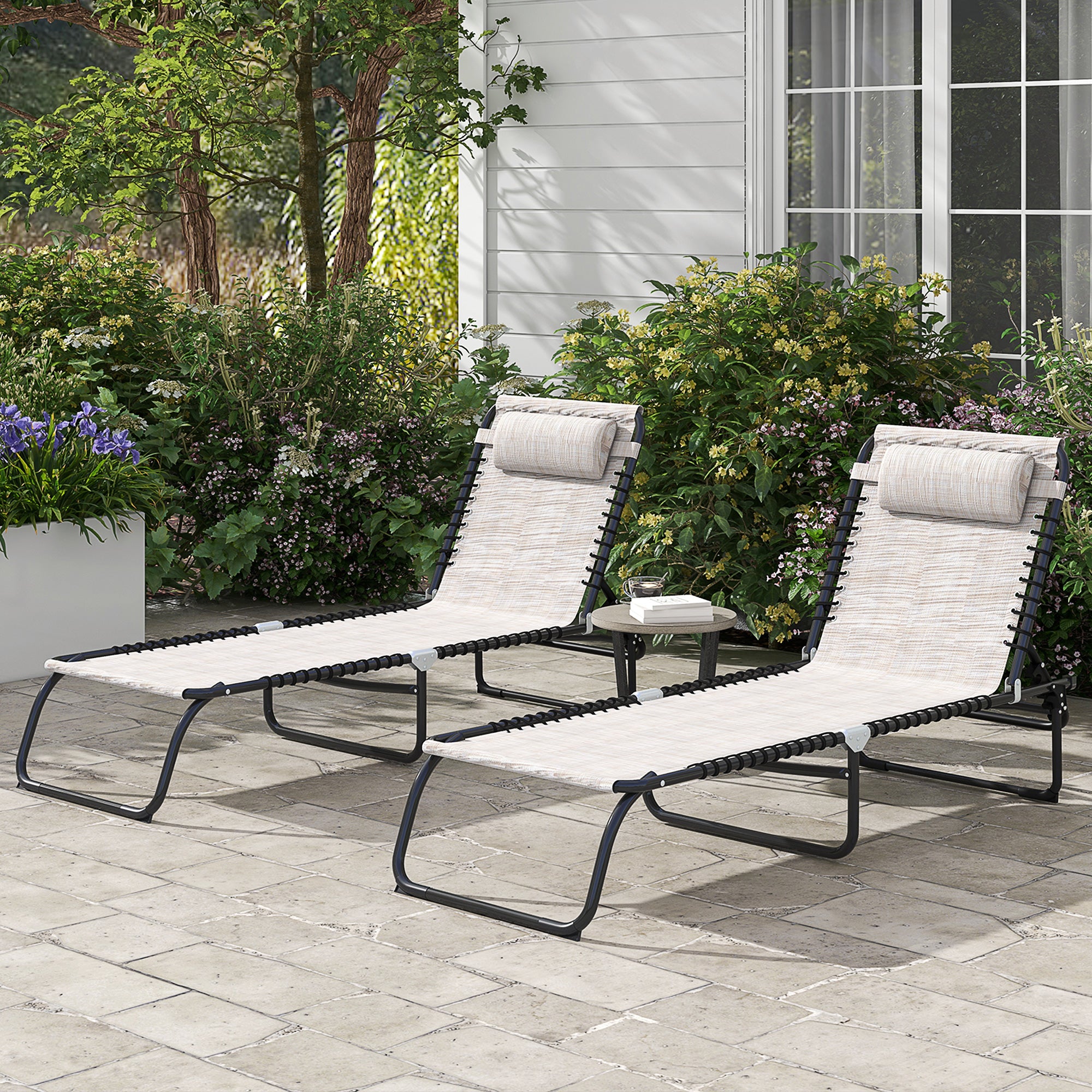 Set of 2 Folding Sun Loungers with Multiple Adjustable Positions Steel Thermoplastic Elastic Cords Black Textilene Cream