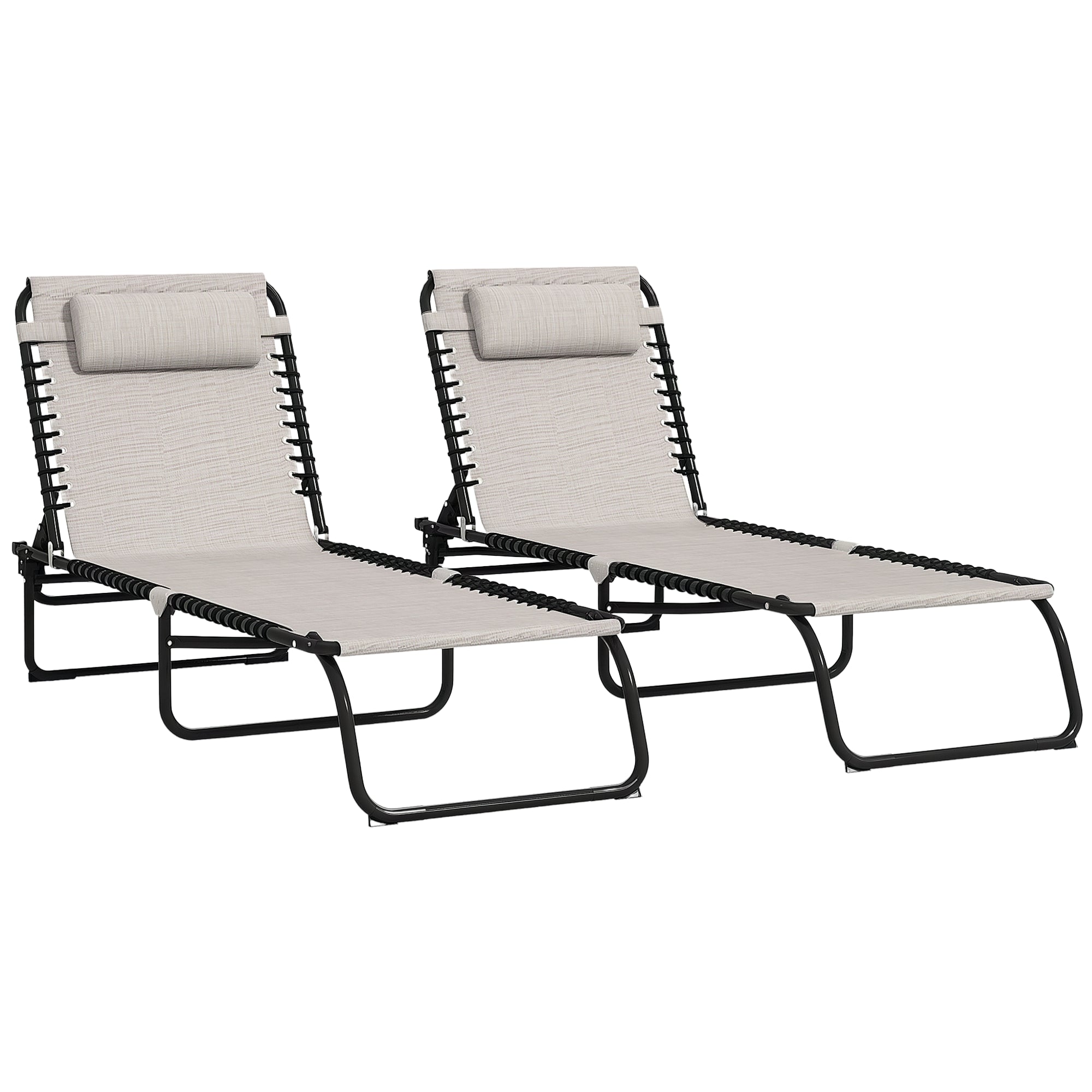 Set of 2 Folding Sun Loungers with Multiple Adjustable Positions Steel Thermoplastic Elastic Cords Black Textilene Cream