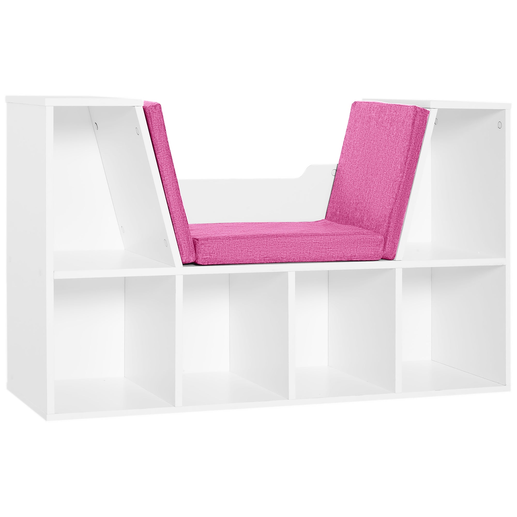 Contemporary Design 2-in-1 Bookshelf Bench 6 Compartments 3 Cushions Included 102L x 30W x 61H cm White Pink