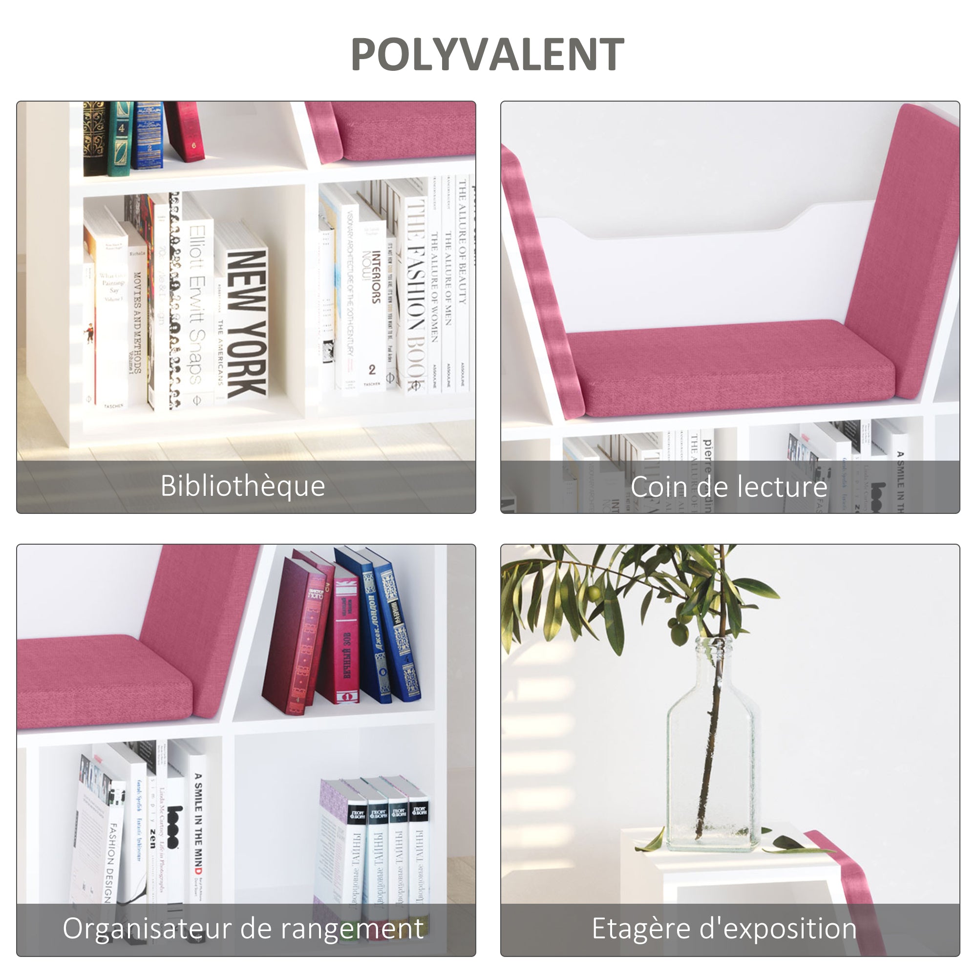 Contemporary Design 2-in-1 Bookshelf Bench 6 Compartments 3 Cushions Included 102L x 30W x 61H cm White Pink