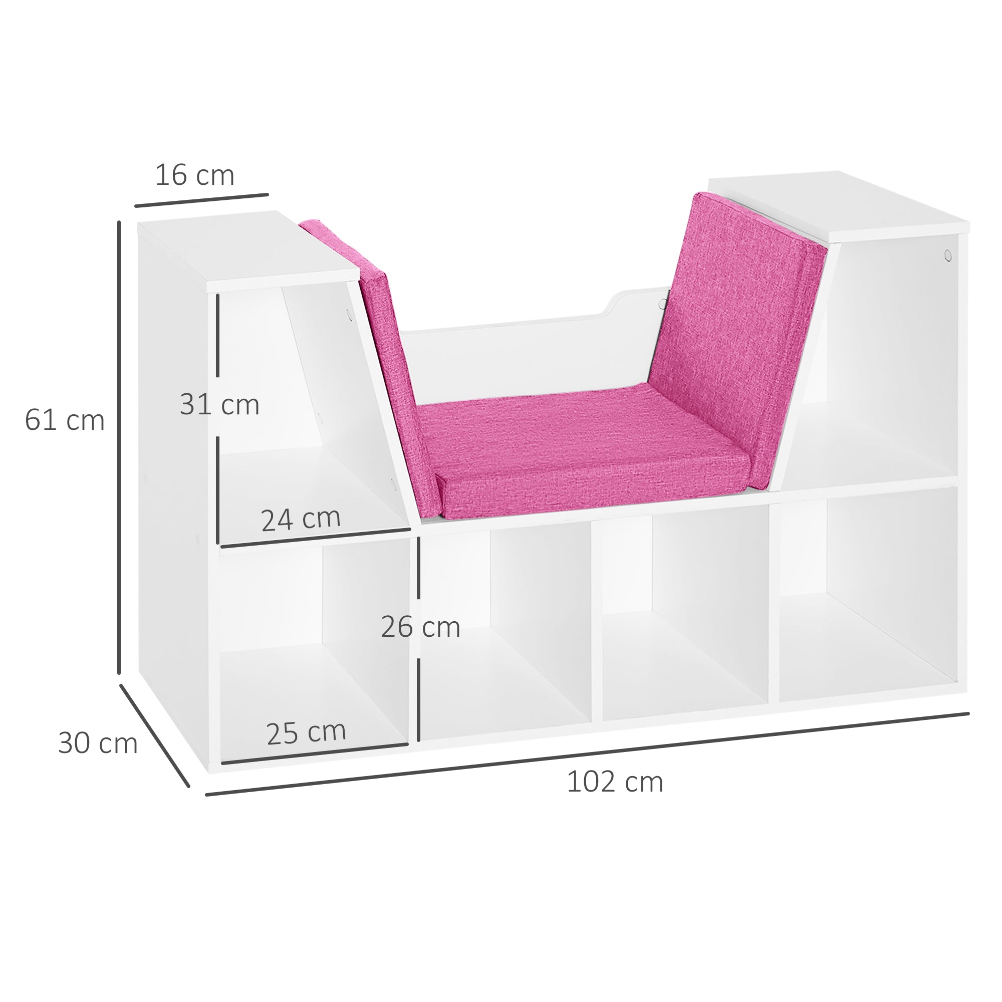 Contemporary Design 2-in-1 Bookshelf Bench 6 Compartments 3 Cushions Included 102L x 30W x 61H cm White Pink