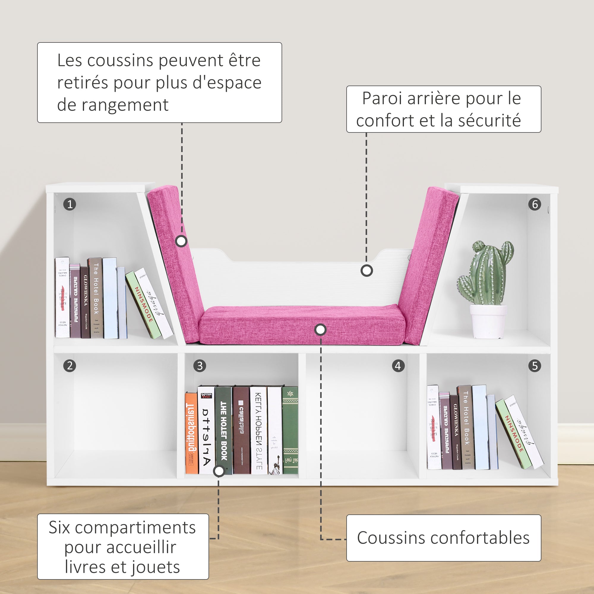 Contemporary Design 2-in-1 Bookshelf Bench 6 Compartments 3 Cushions Included 102L x 30W x 61H cm White Pink