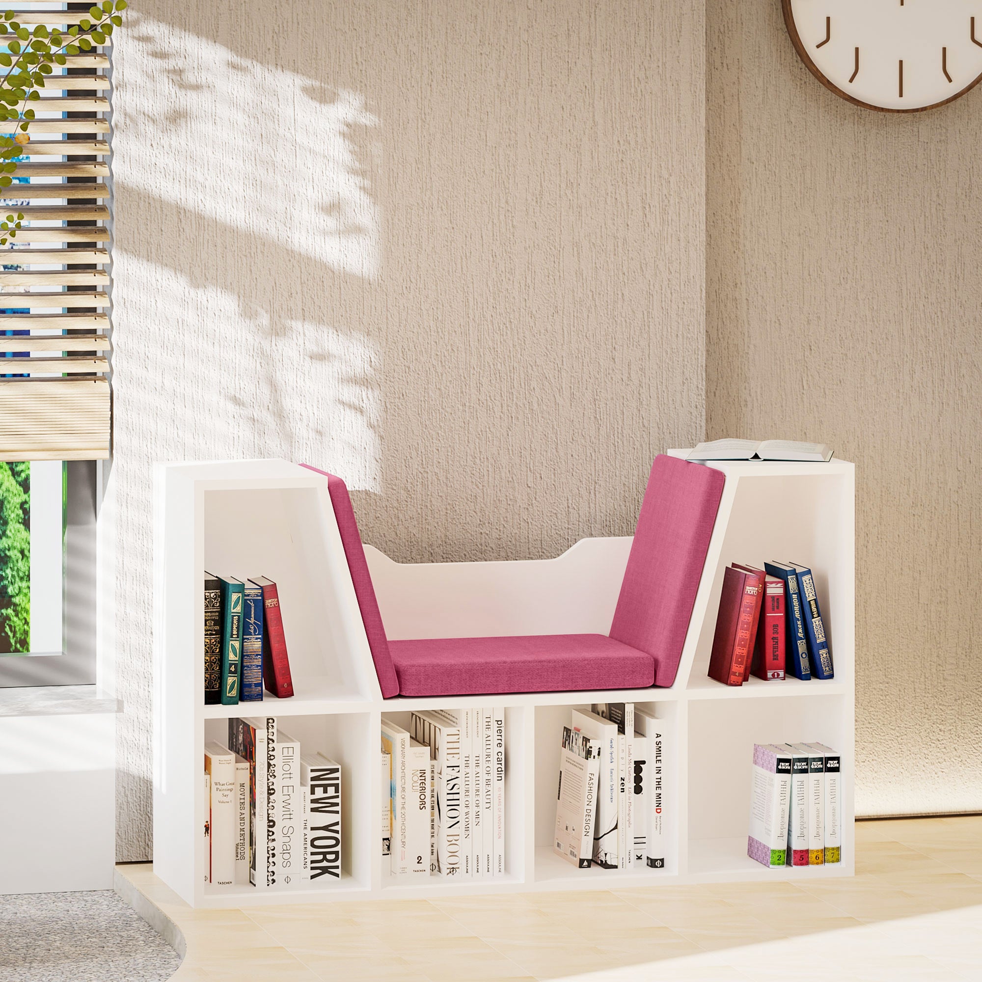 Contemporary Design 2-in-1 Bookshelf Bench 6 Compartments 3 Cushions Included 102L x 30W x 61H cm White Pink