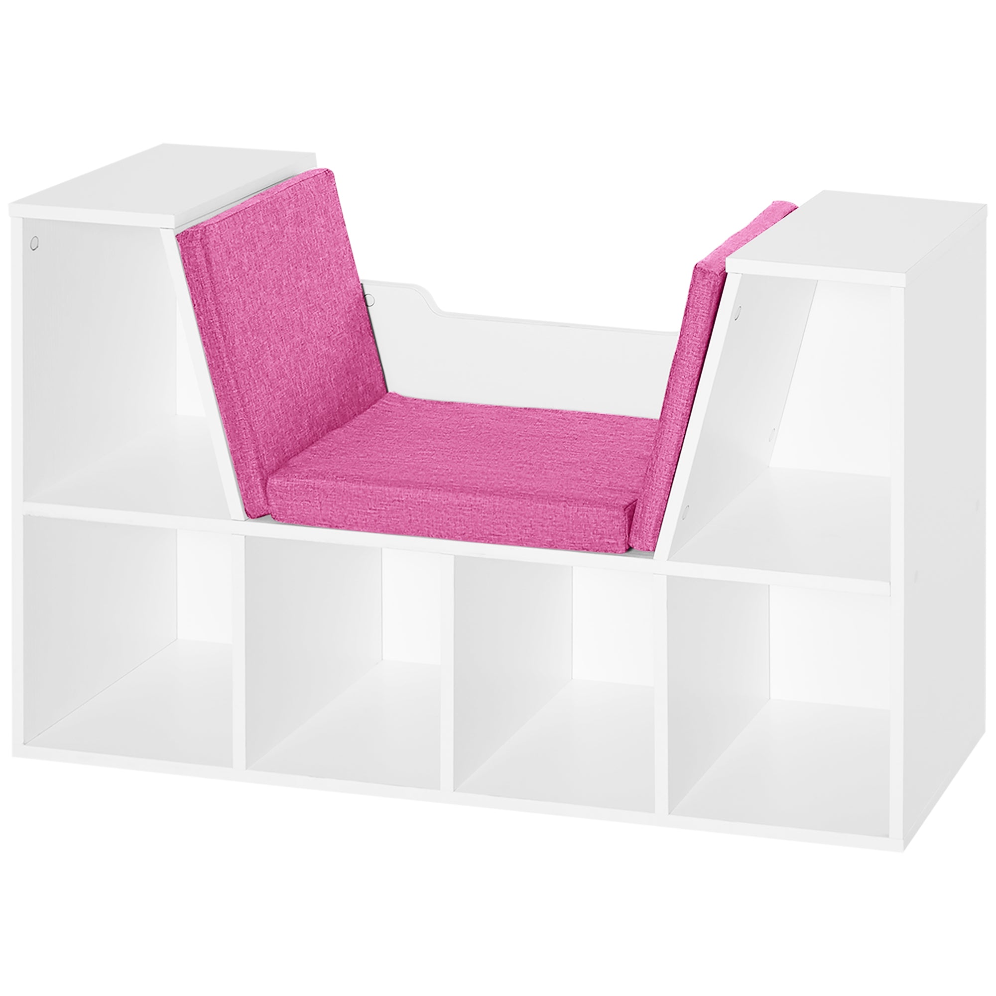 Contemporary Design 2-in-1 Bookshelf Bench 6 Compartments 3 Cushions Included 102L x 30W x 61H cm White Pink
