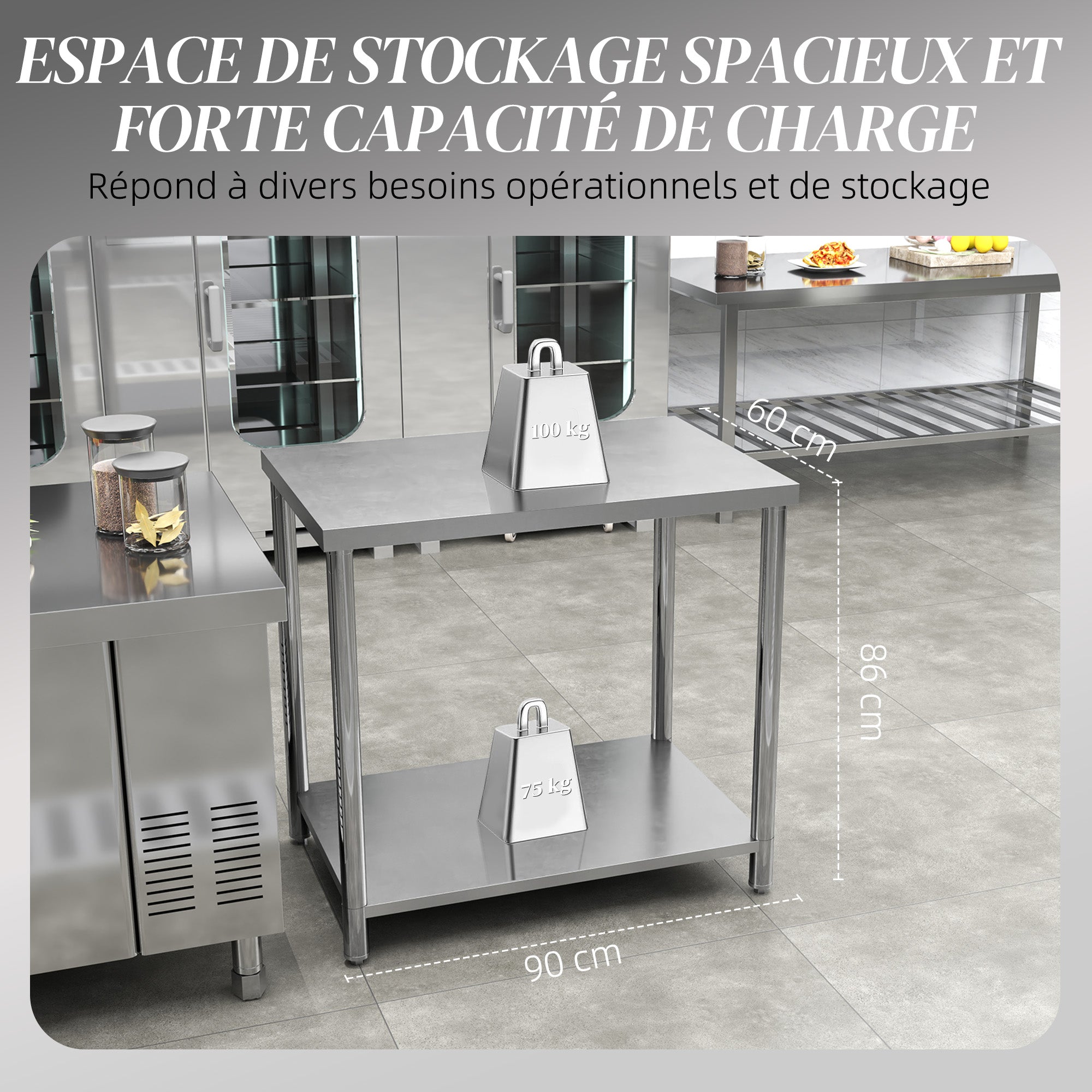 Stainless Steel Work Table Preparation Table Kitchen Table 2 Shelves, Kitchen Workbench, Garage, Garden, 90 x 60 x 86 cm, Silver