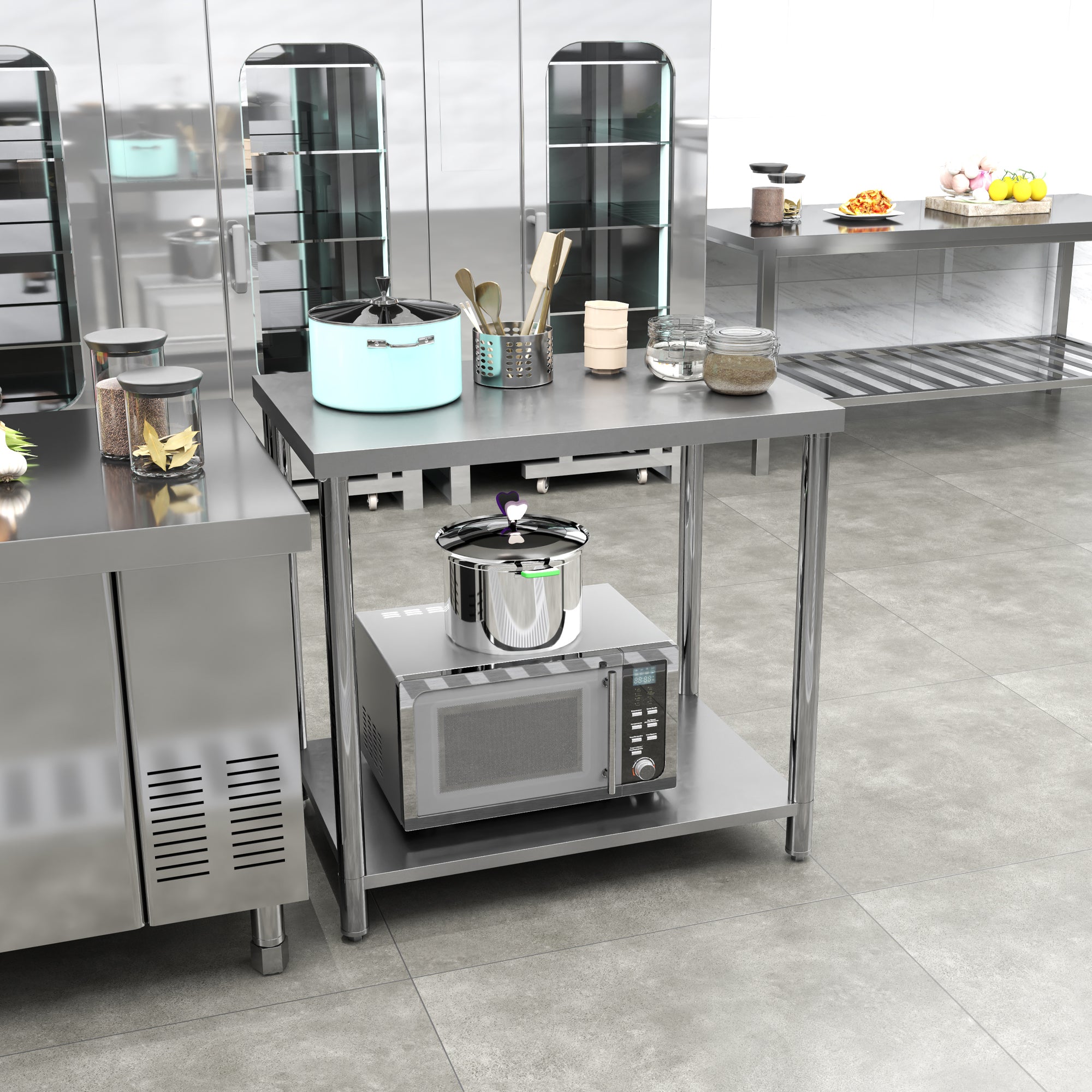 Stainless Steel Work Table Preparation Table Kitchen Table 2 Shelves, Kitchen Workbench, Garage, Garden, 90 x 60 x 86 cm, Silver