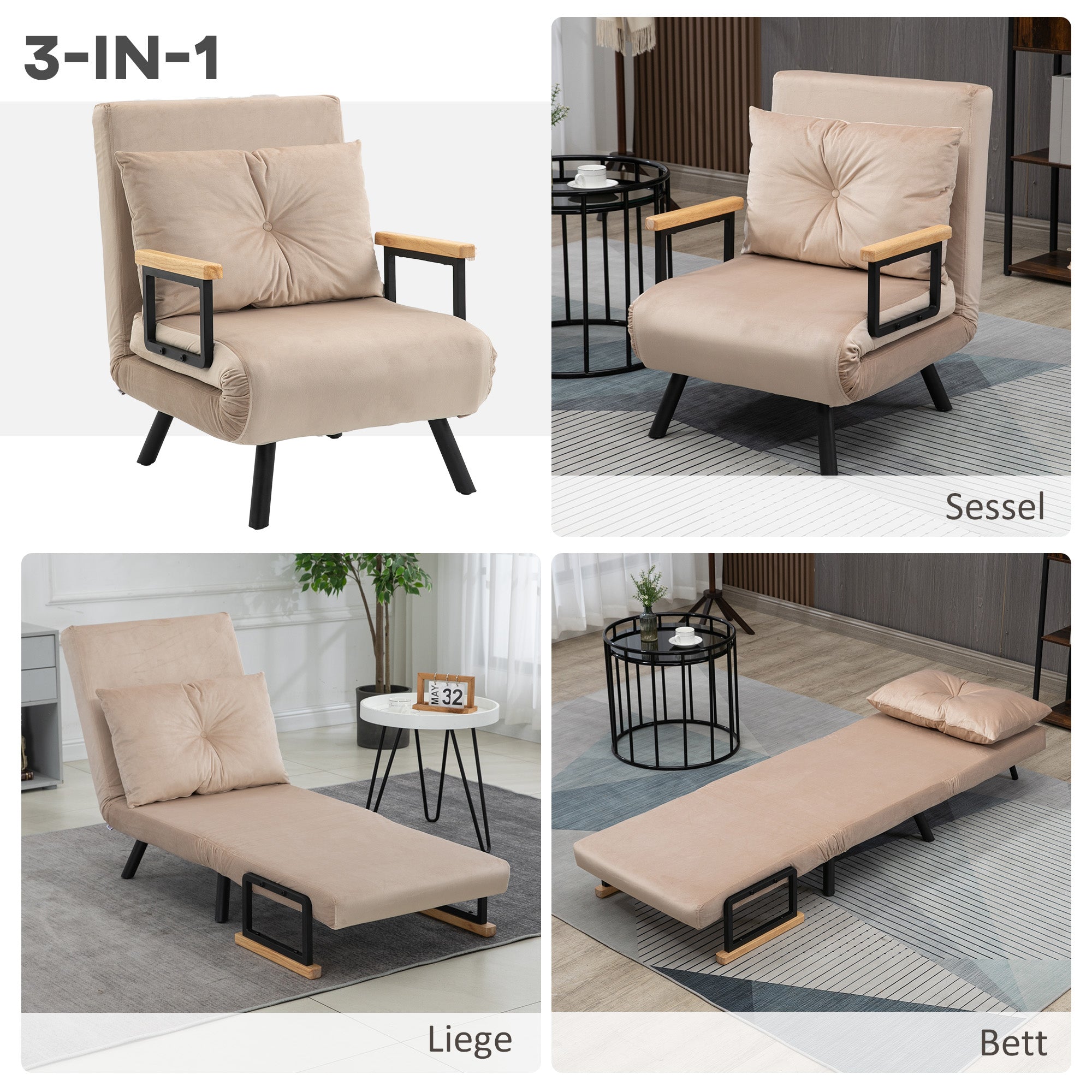 Sleeper Sofa, Folding Bed with Bed Function, Recliner with Back Cushion, Upholstered Sofa with Adjustable Backrest, Velvet Look, 63 x 73 x 81 cm, Beige