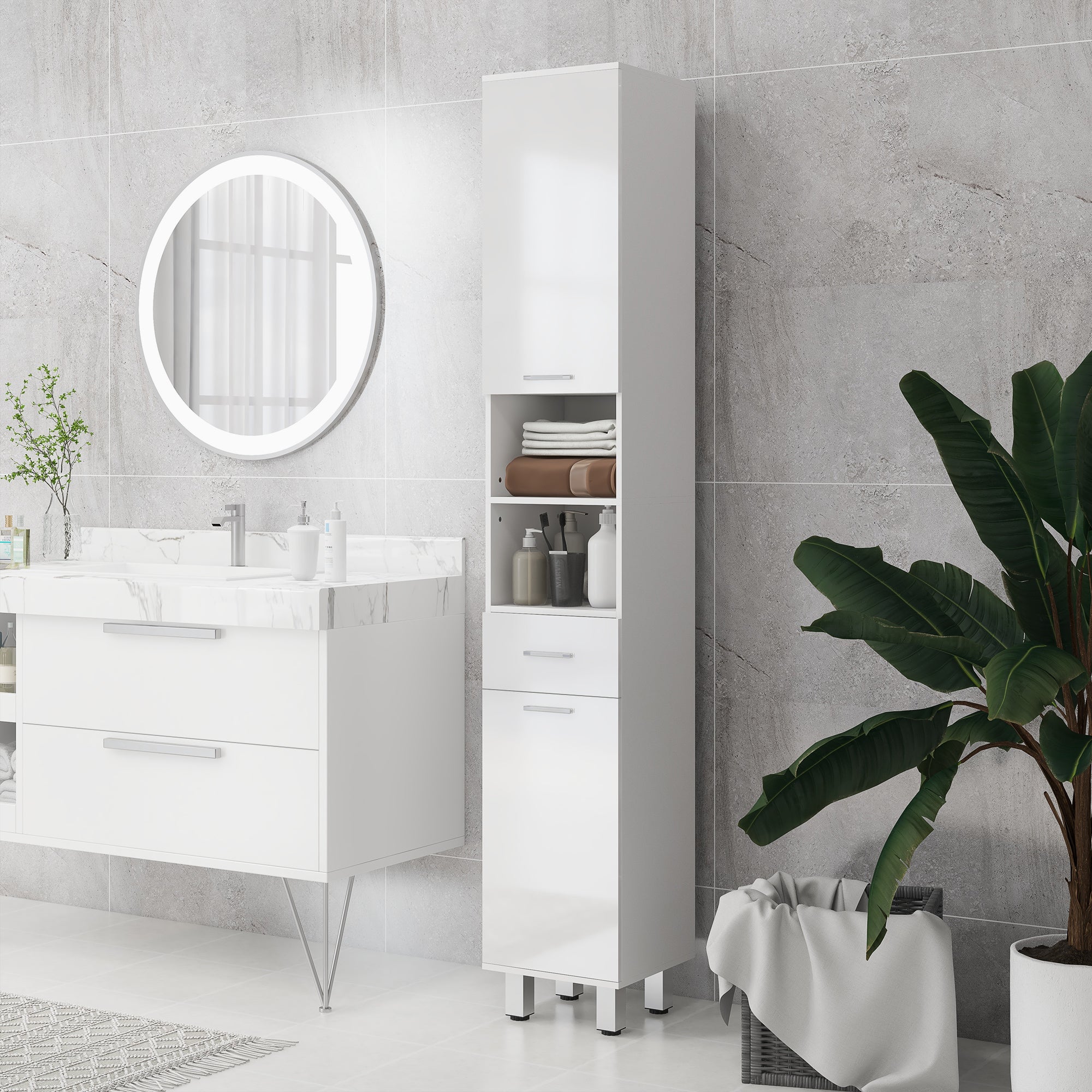 Slim Bathroom Cabinet, Tall Toilet Cabinet with High Gloss White Drawer, Adjustable Shelf and 2 Open Compartments, for Small Spaces Bathroom 30 x 30 x 180 cm White