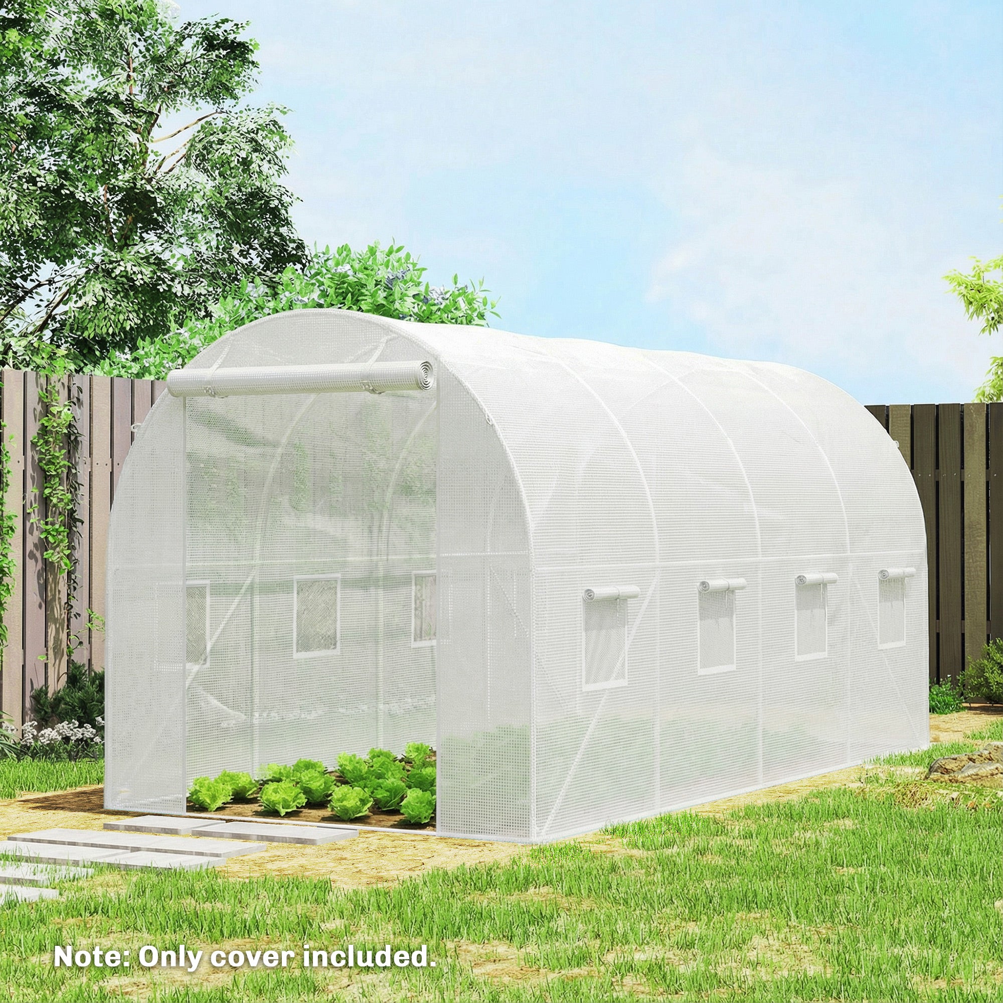 4 x 2 m Greenhouse Cover, Waterproof PE Garden Cover with Zippered Roll-Up Door, 8 Windows, UV Protection, Tear-Resistant Polyethylene, Tunnel Greenhouse Cover, White