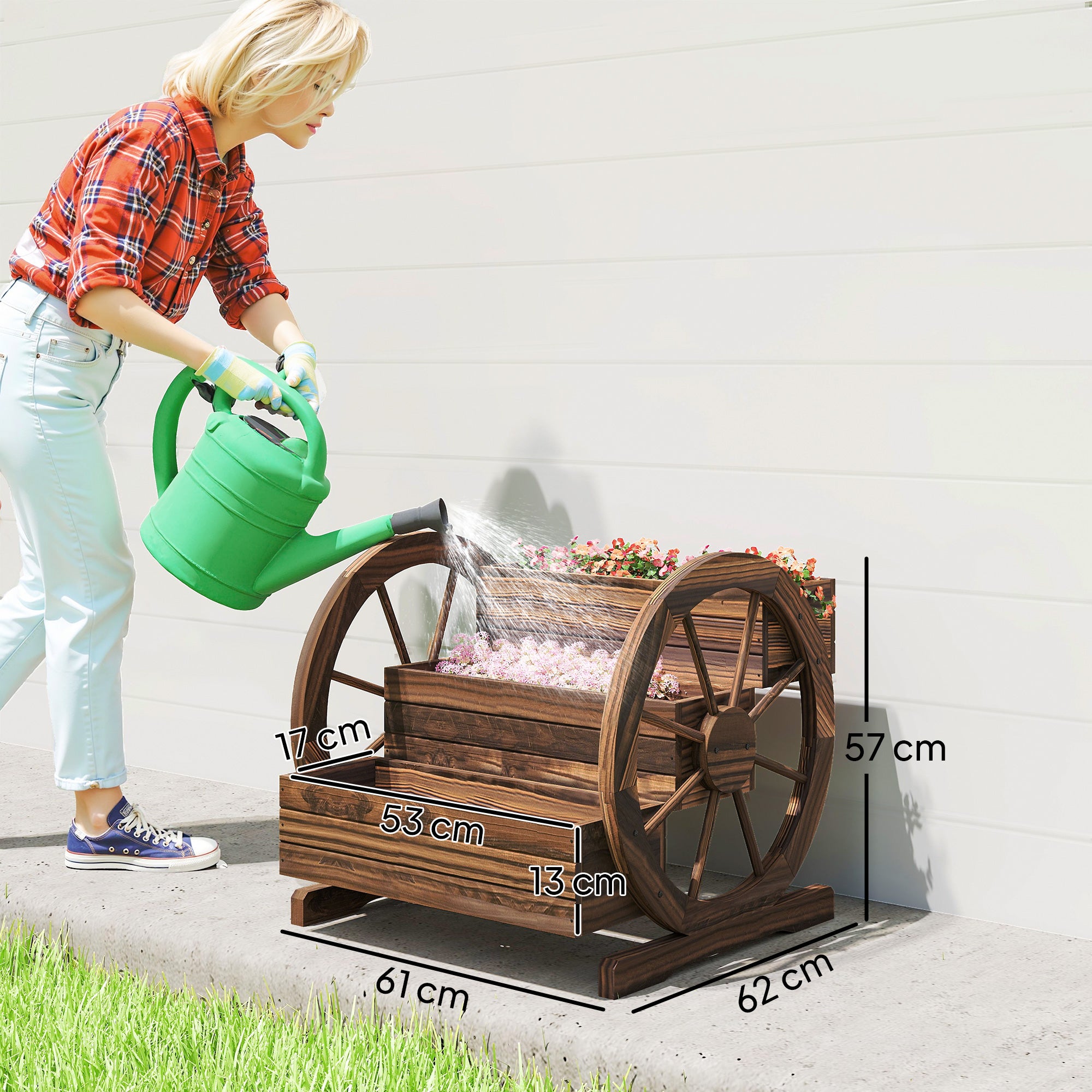 3-Tier Raised Wood Planter with Decorative Wheels — Charred Fir, 62 x 61 x 57 cm (24.4" x 24.0" x 22.4")