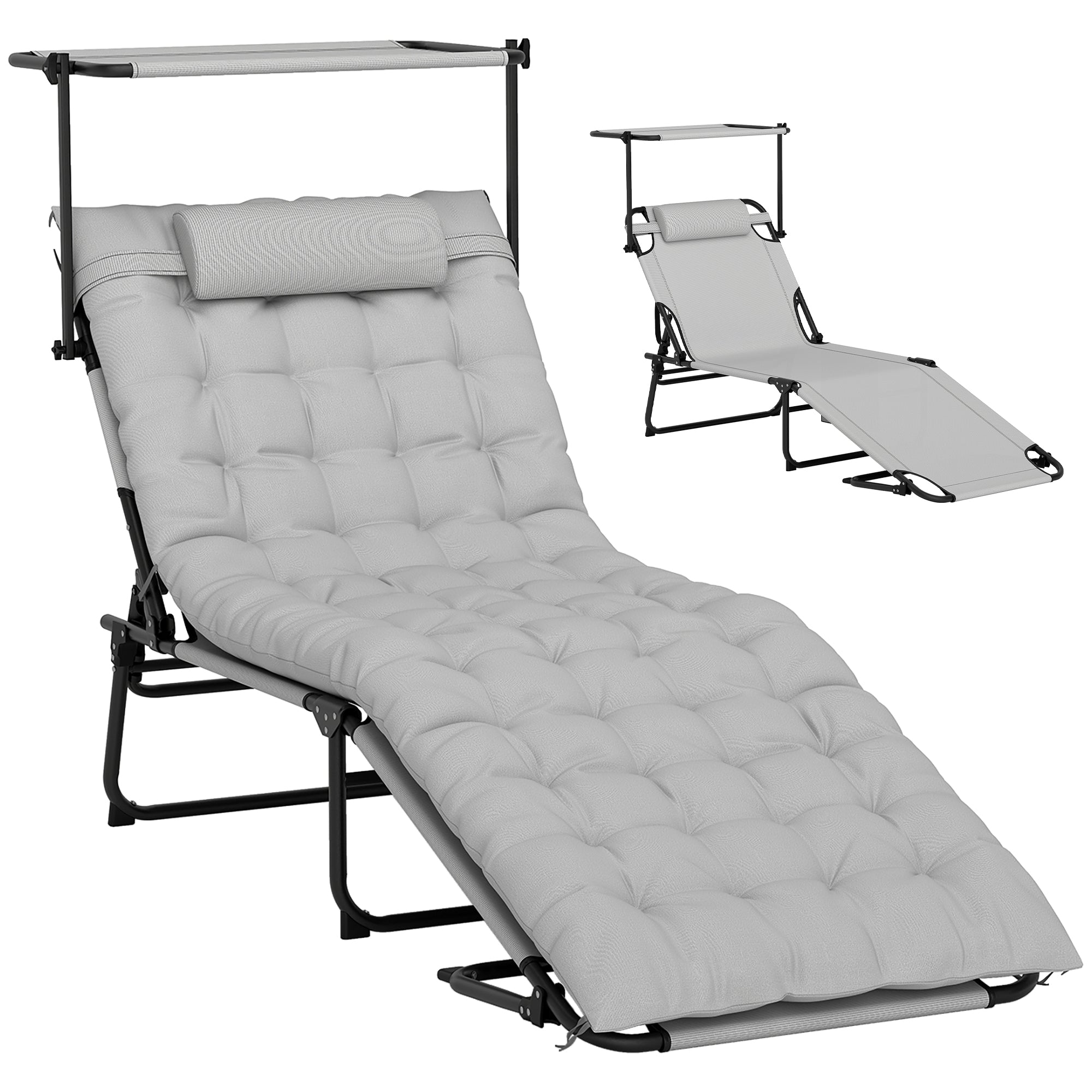 Folding Sun Lounger with Canopy Mattress, Recliner with 4-Position Adjustable Backrest, Weather-Resistant Camping Lounger up to 120 kg load capacity, Garden Chair for Outdoor Garden, Light Grey
