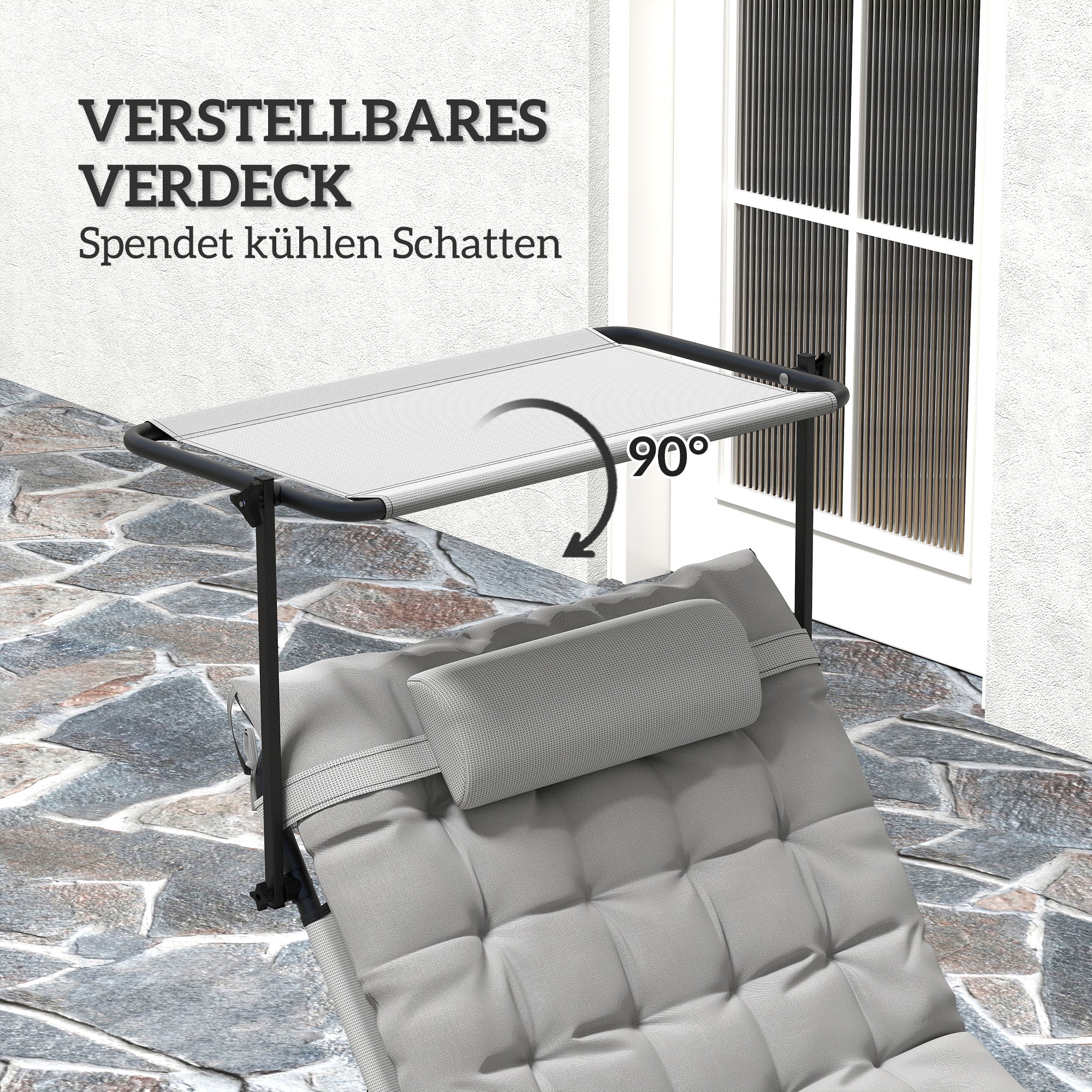 Folding Sun Lounger with Canopy Mattress, Recliner with 4-Position Adjustable Backrest, Weather-Resistant Camping Lounger up to 120 kg load capacity, Garden Chair for Outdoor Garden, Light Grey