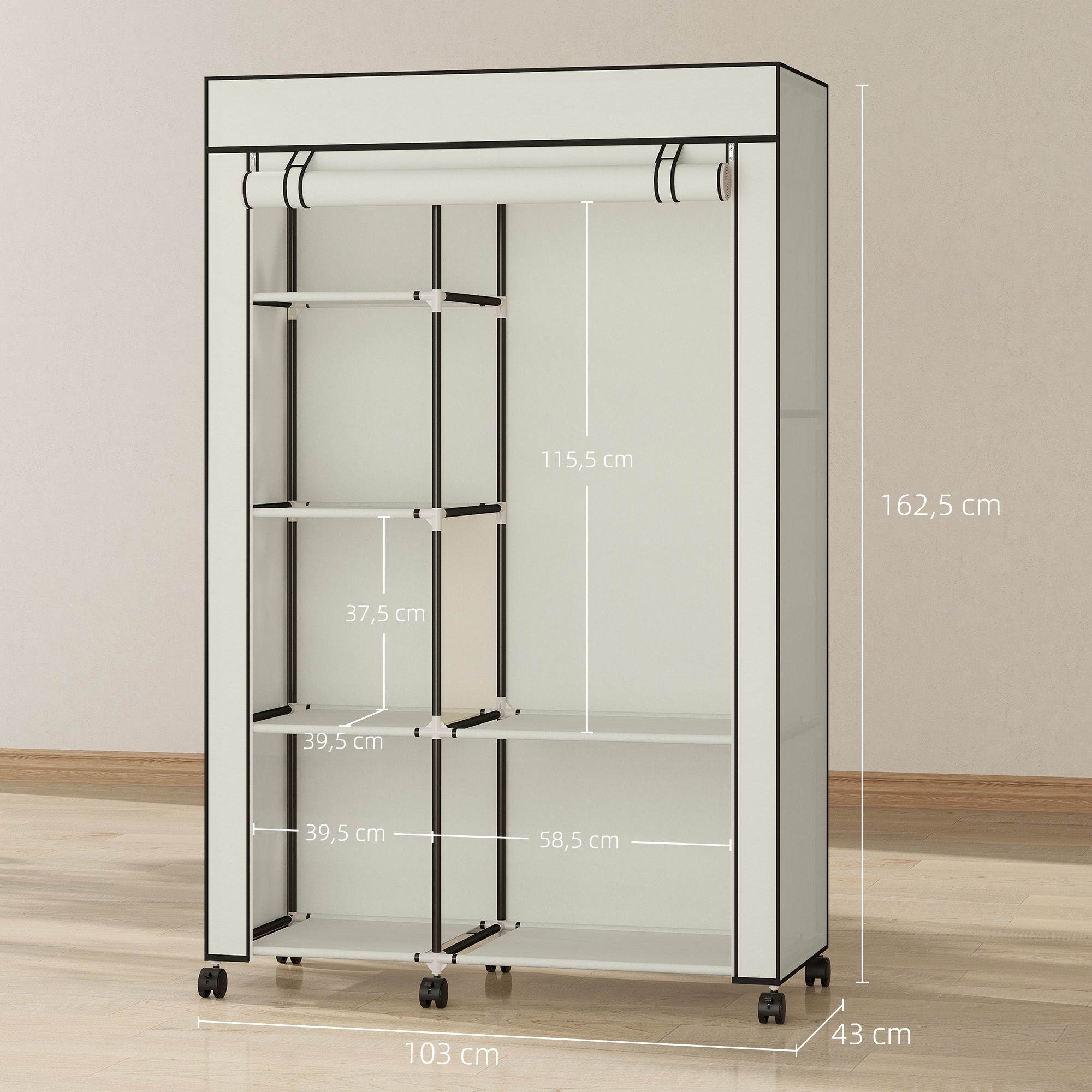 Fabric Wardrobe Organizer with Hanging Rail & Open Shelves, 40.6 x 16.9 x 64.0 in (103 x 43 x 162.5 cm) — Cream