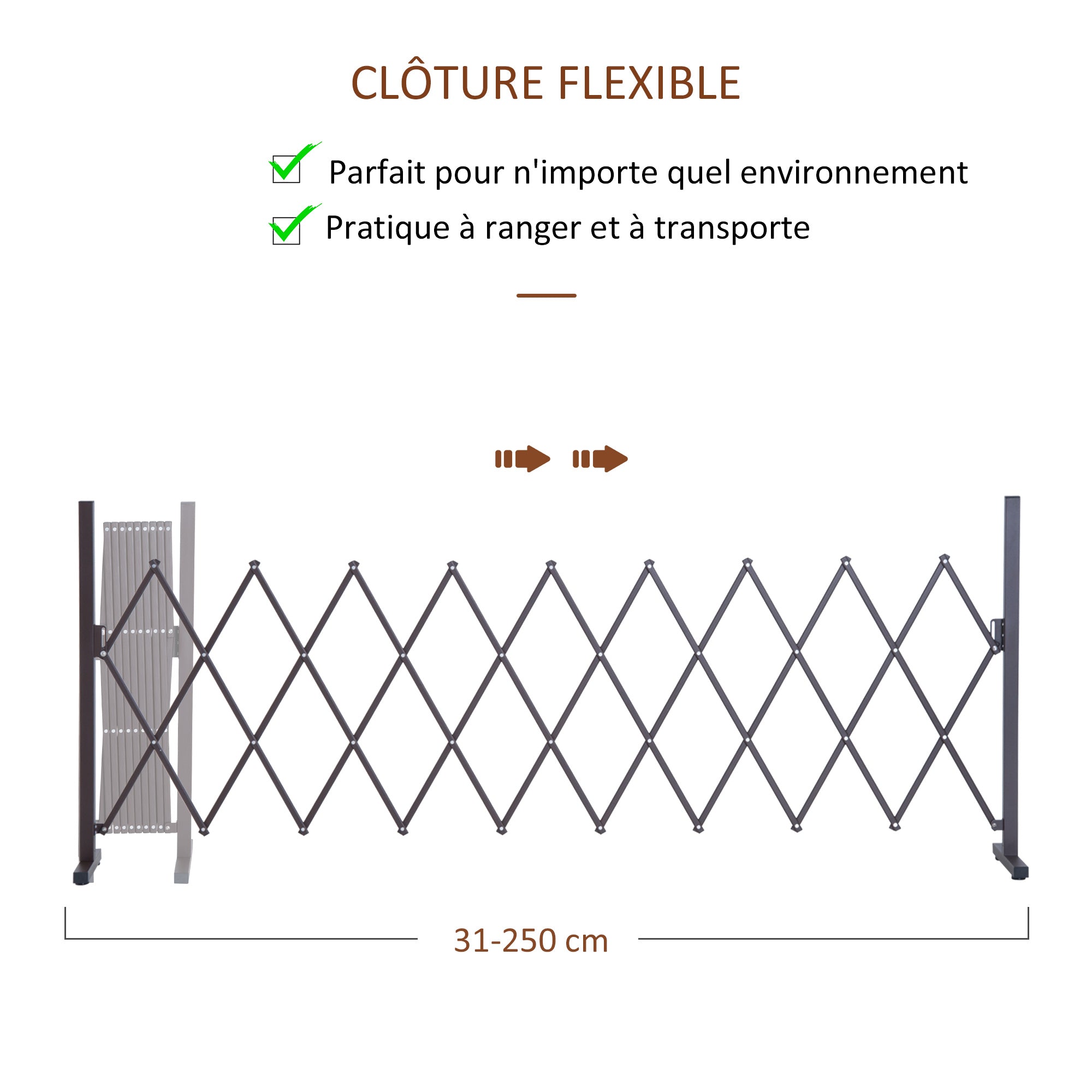 Retractable Extendable Barrier Security Gate 250L x 31W x 104H cm Aluminum Metal Chocolate