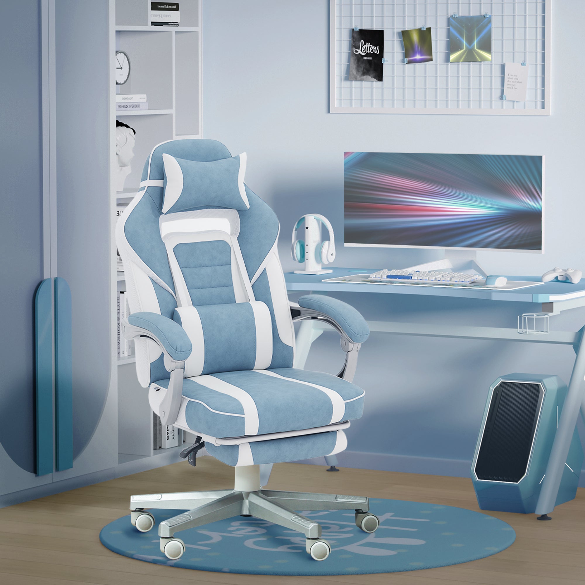 Gaming Chair Reclining Gamer Chair with Adjustable Height Retractable Footrest Lumbar Support and Detachable Headrest Office Chair Blue