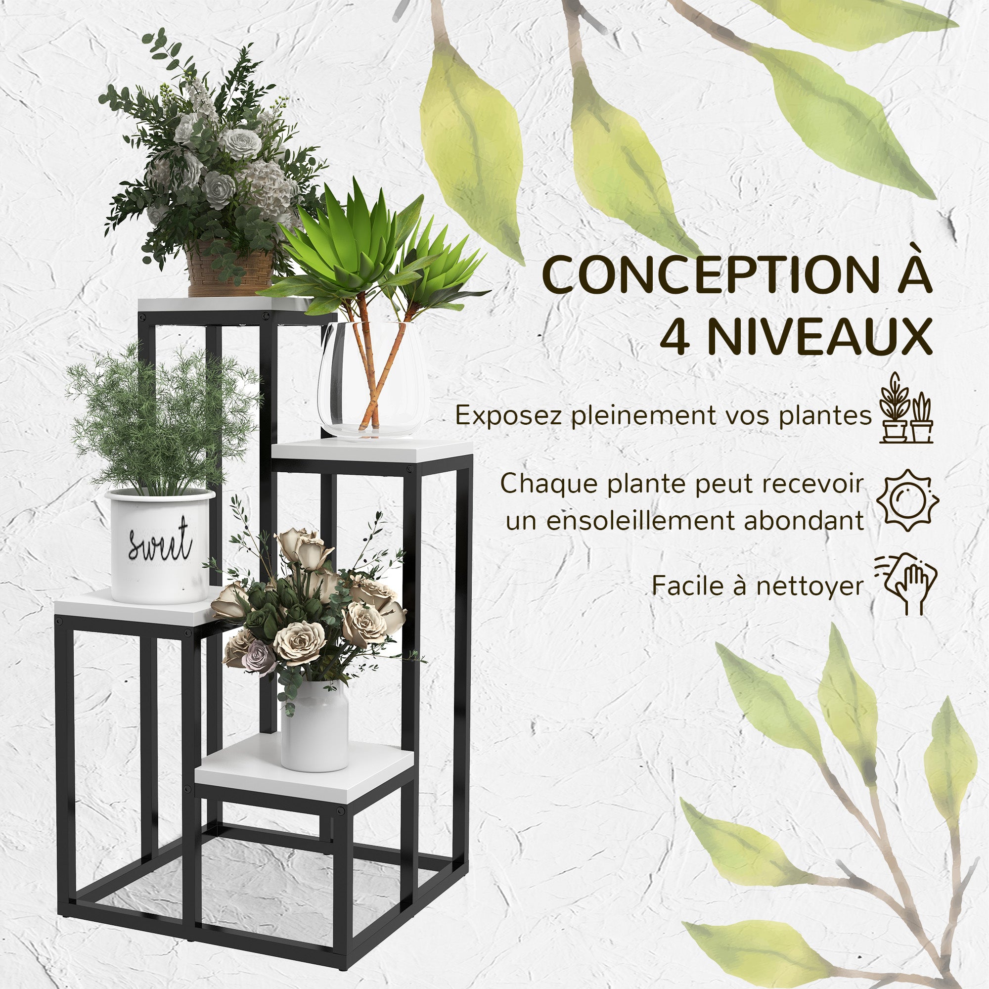 Plant Stand Flower Shelf 4 Shelves Different Heights Steel Structure - 34 x 34 x 66 cm