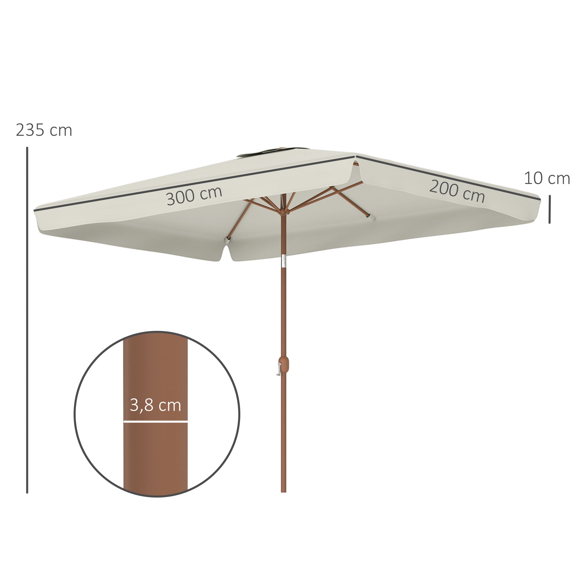 Outdoor Patio Umbrella 300x200 cm Exterior Terrace Parasol with Adjustable Angle Aluminum Pole Crank and UV 50+ Protection Umbrella for Garden Patio Cream