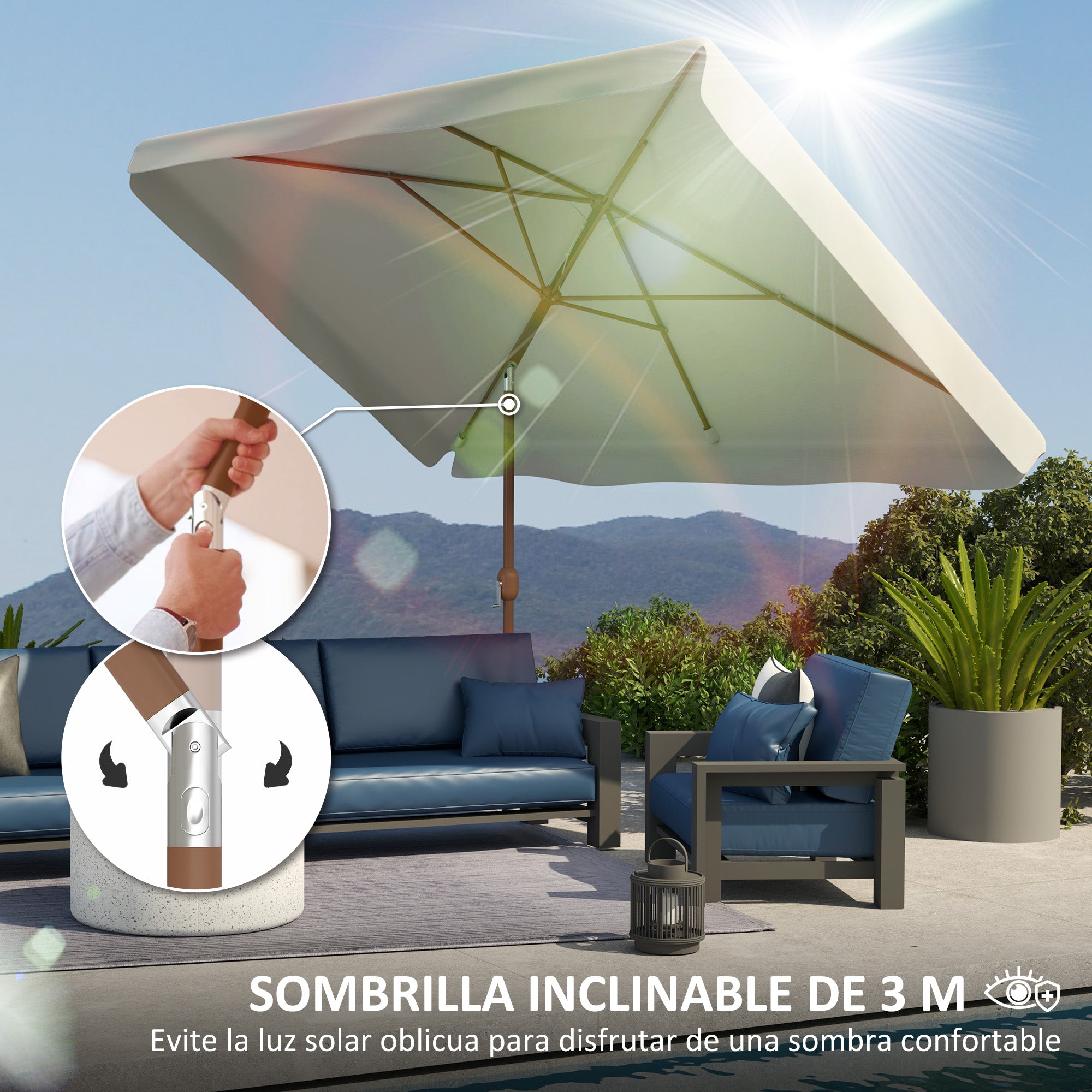 Outdoor Patio Umbrella 300x200 cm Exterior Terrace Parasol with Adjustable Angle Aluminum Pole Crank and UV 50+ Protection Umbrella for Garden Patio Cream