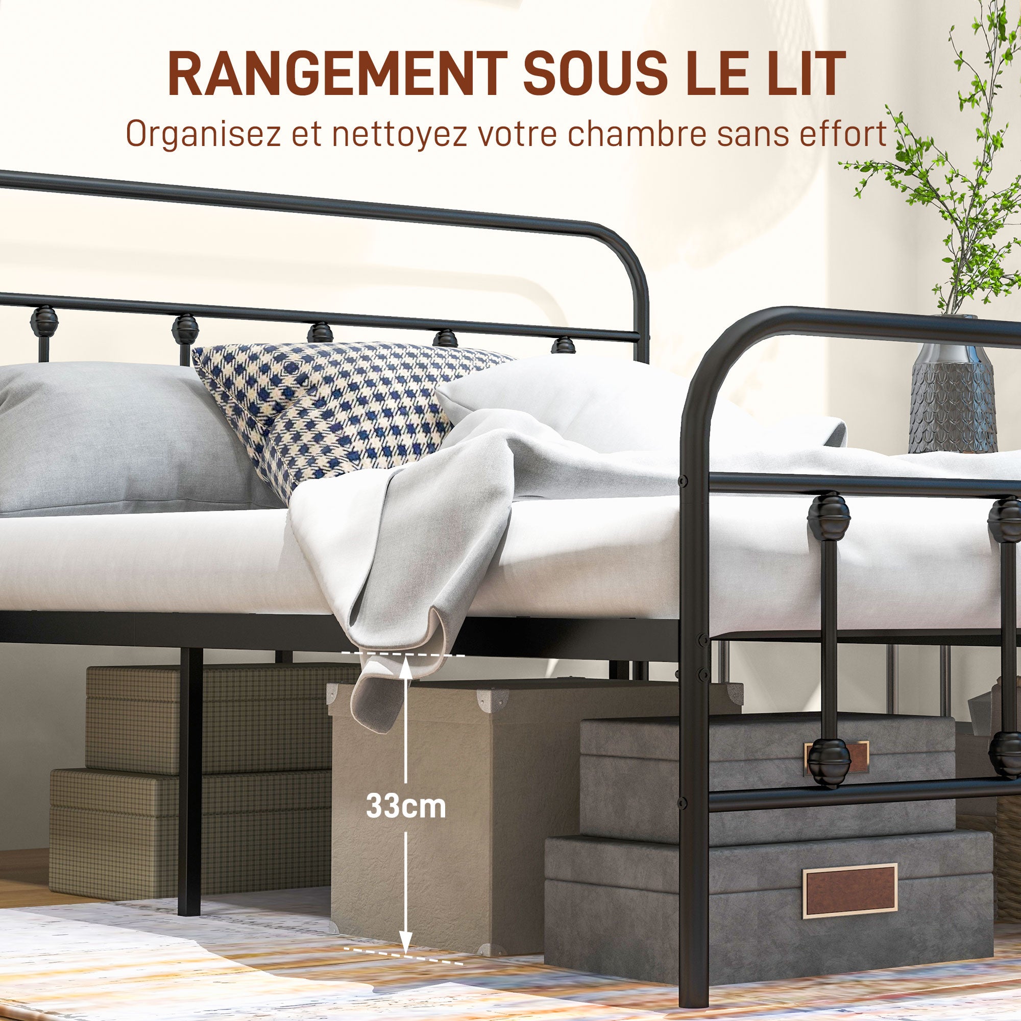 140 x 200 cm Bed Frame Double Bed Frame in Steel with Slatted Base, Headboard and Footboard, Height 33 cm with Storage, Load 330Kg, Black