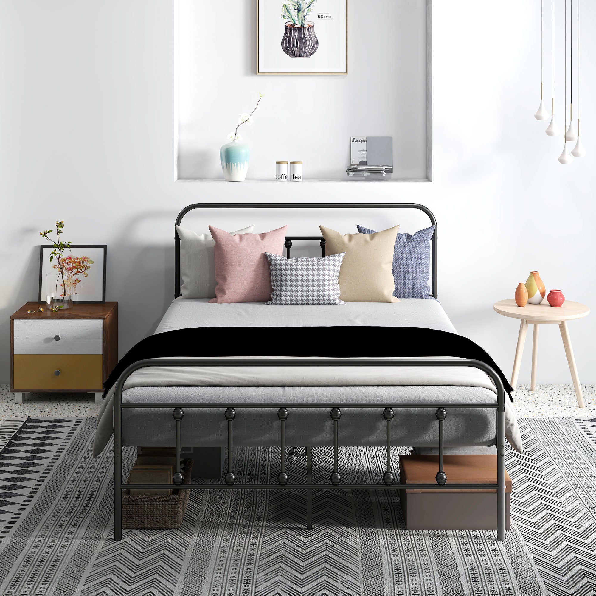 140 x 200 cm Bed Frame Double Bed Frame in Steel with Slatted Base, Headboard and Footboard, Height 33 cm with Storage, Load 330Kg, Black