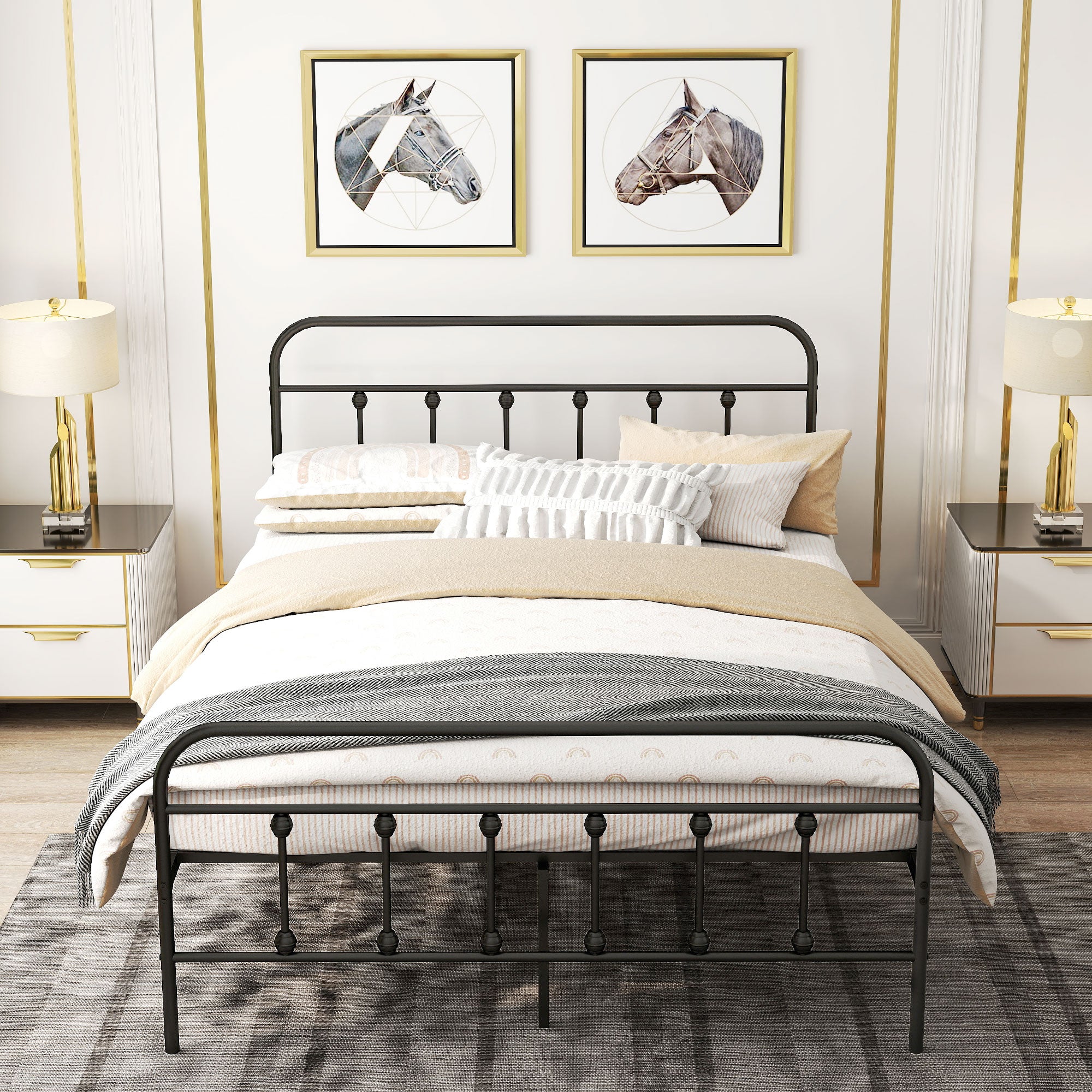 140 x 200 cm Bed Frame Double Bed Frame in Steel with Slatted Base, Headboard and Footboard, Height 33 cm with Storage, Load 330Kg, Black