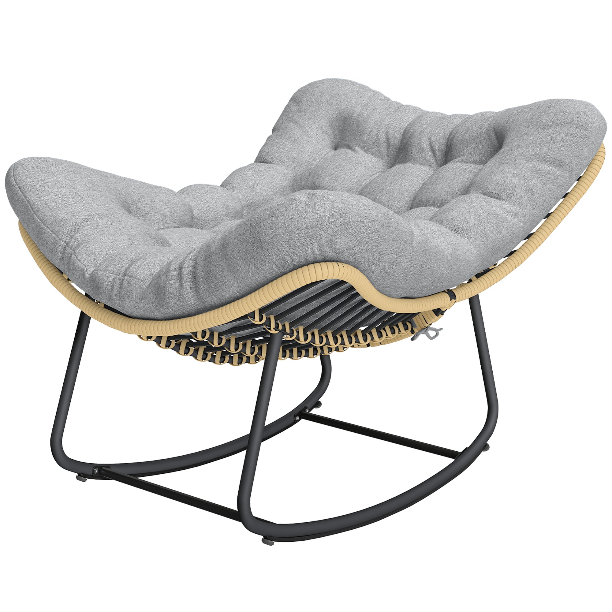 Rattan Rocking Chair with Thick Cushion, Indoor/Outdoor Patio Swing Chair, 265 lb Capacity, 34.3 x 43.3 x 27.6 in (87 x 110 x 70 cm) – Gray