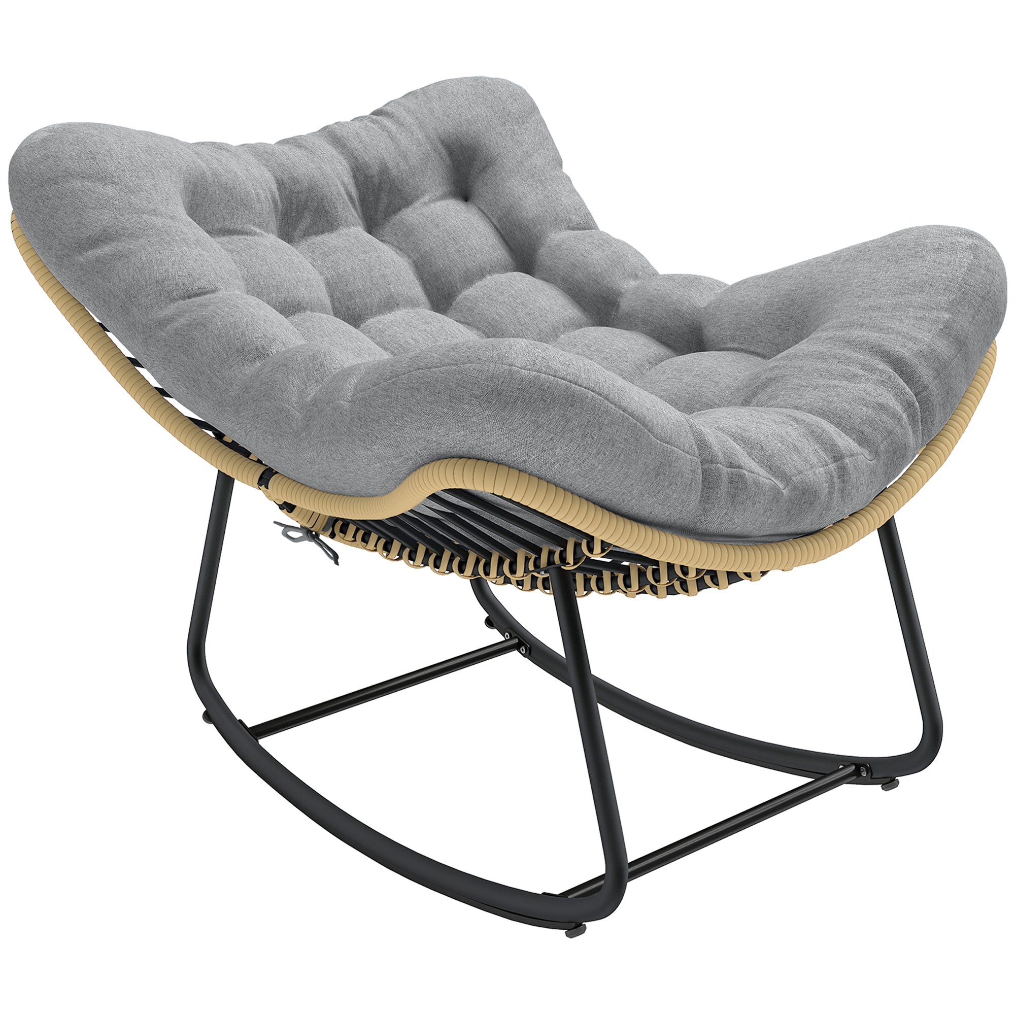 Rattan Rocking Chair with Thick Cushion, Indoor/Outdoor Patio Swing Chair, 265 lb Capacity, 34.3 x 43.3 x 27.6 in (87 x 110 x 70 cm) – Gray