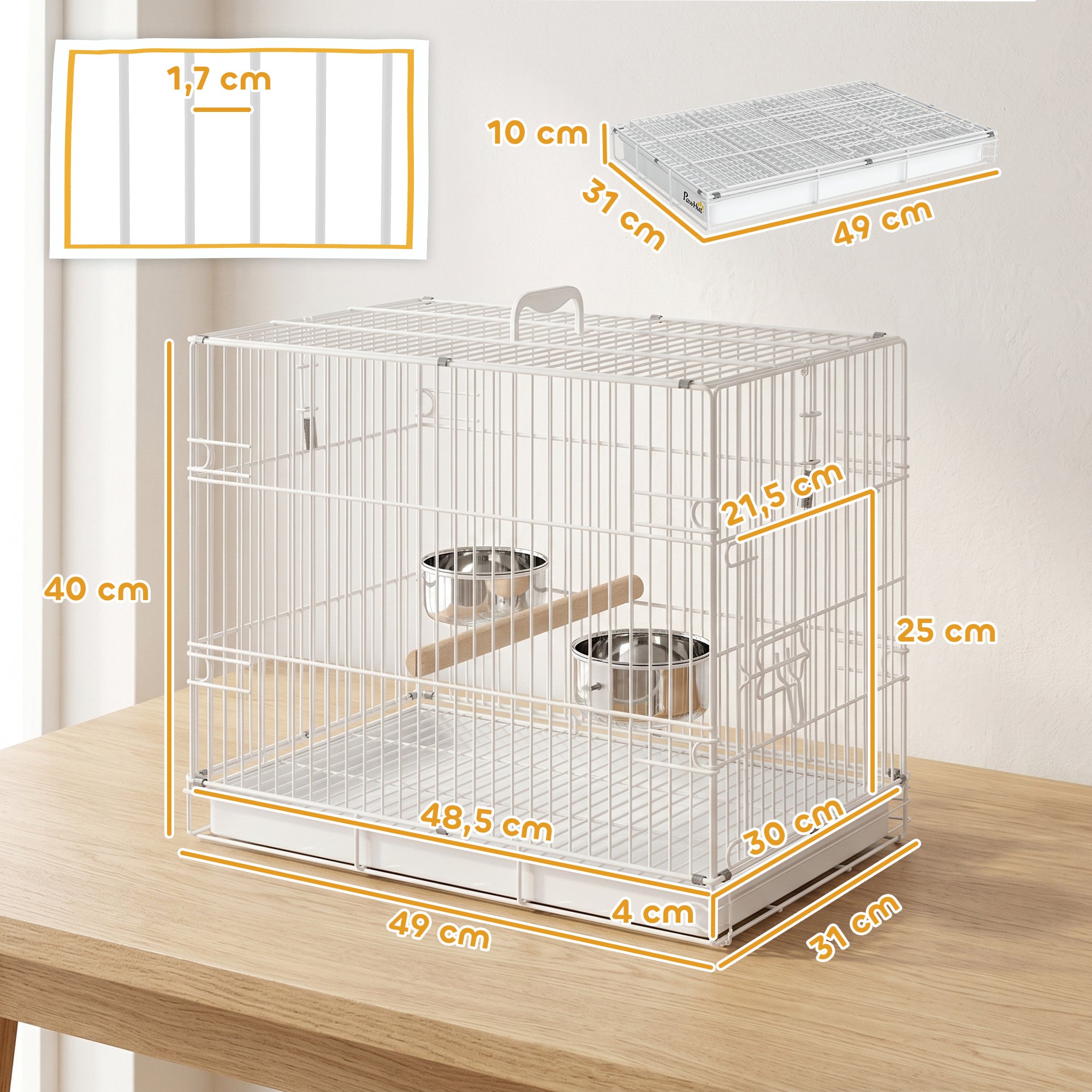 Collapsible Bird Cage with Wooden Perch, 2 Stainless Bowls & Carry Handle — Steel Cage with Removable Tray for Budgies & Cockatiels, White, 49 x 31 x 40 cm (19.3 x 12.2 x 15.7 in)