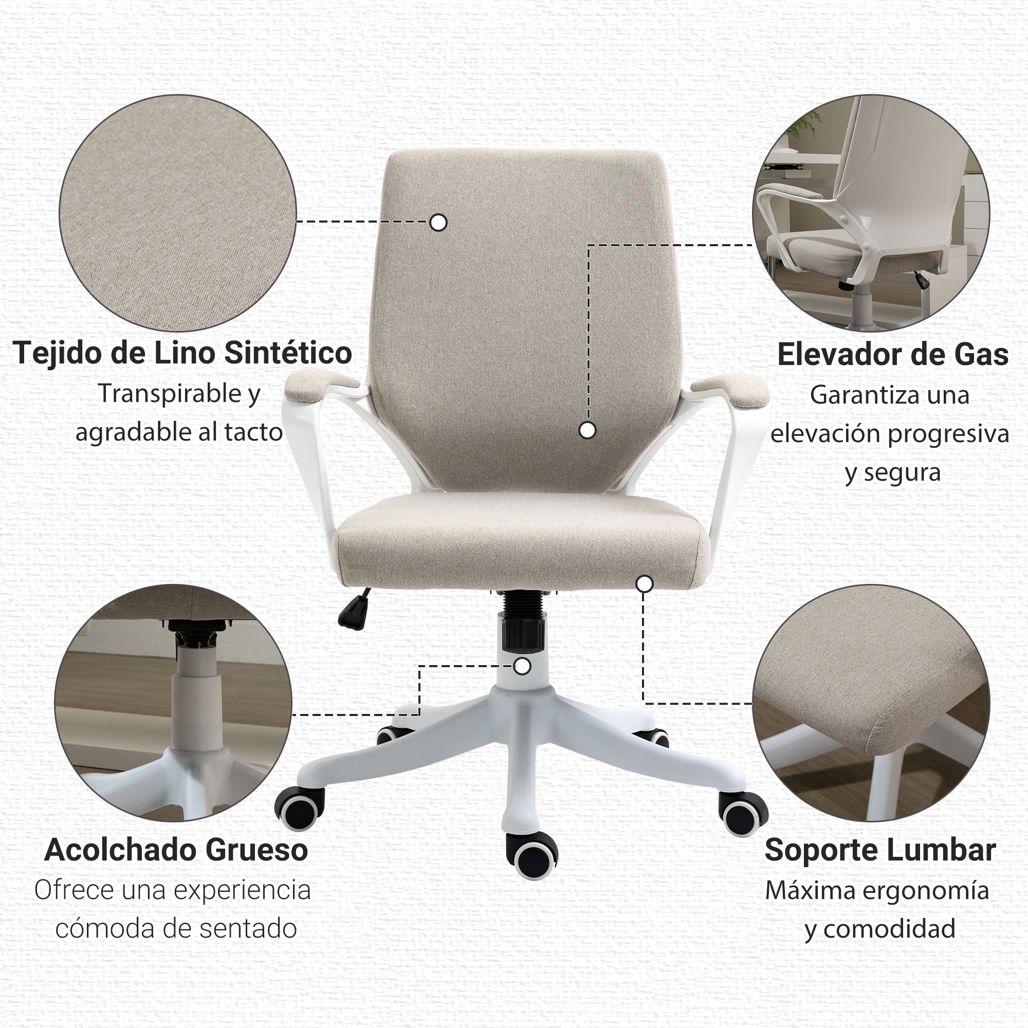 Swivel Office Chair Tilt Desk Chair with Armrests and Adjustable Height for Bedroom Living Room Load 120 kg 62x69x92-100 cm Beige