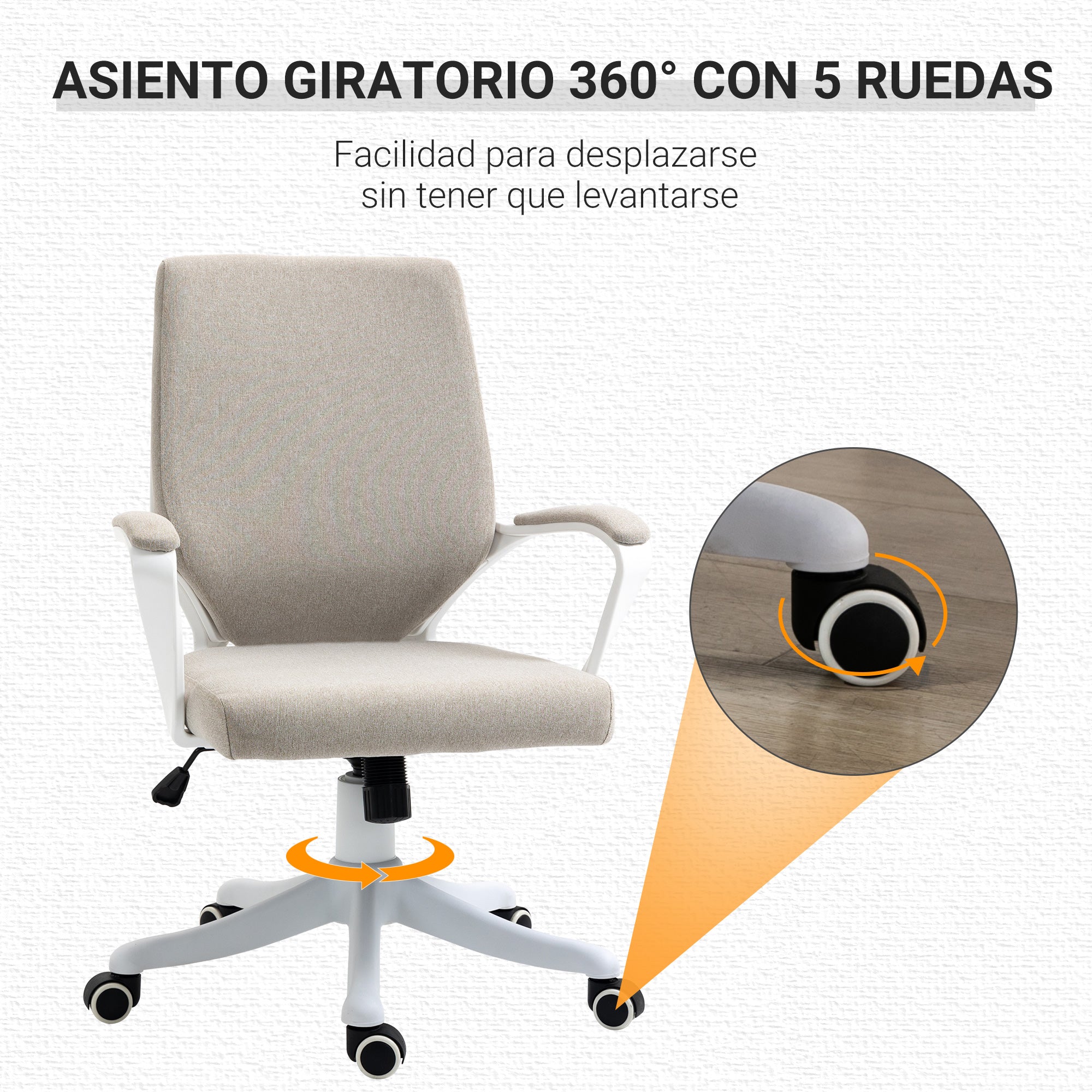 Swivel Office Chair Tilt Desk Chair with Armrests and Adjustable Height for Bedroom Living Room Load 120 kg 62x69x92-100 cm Beige