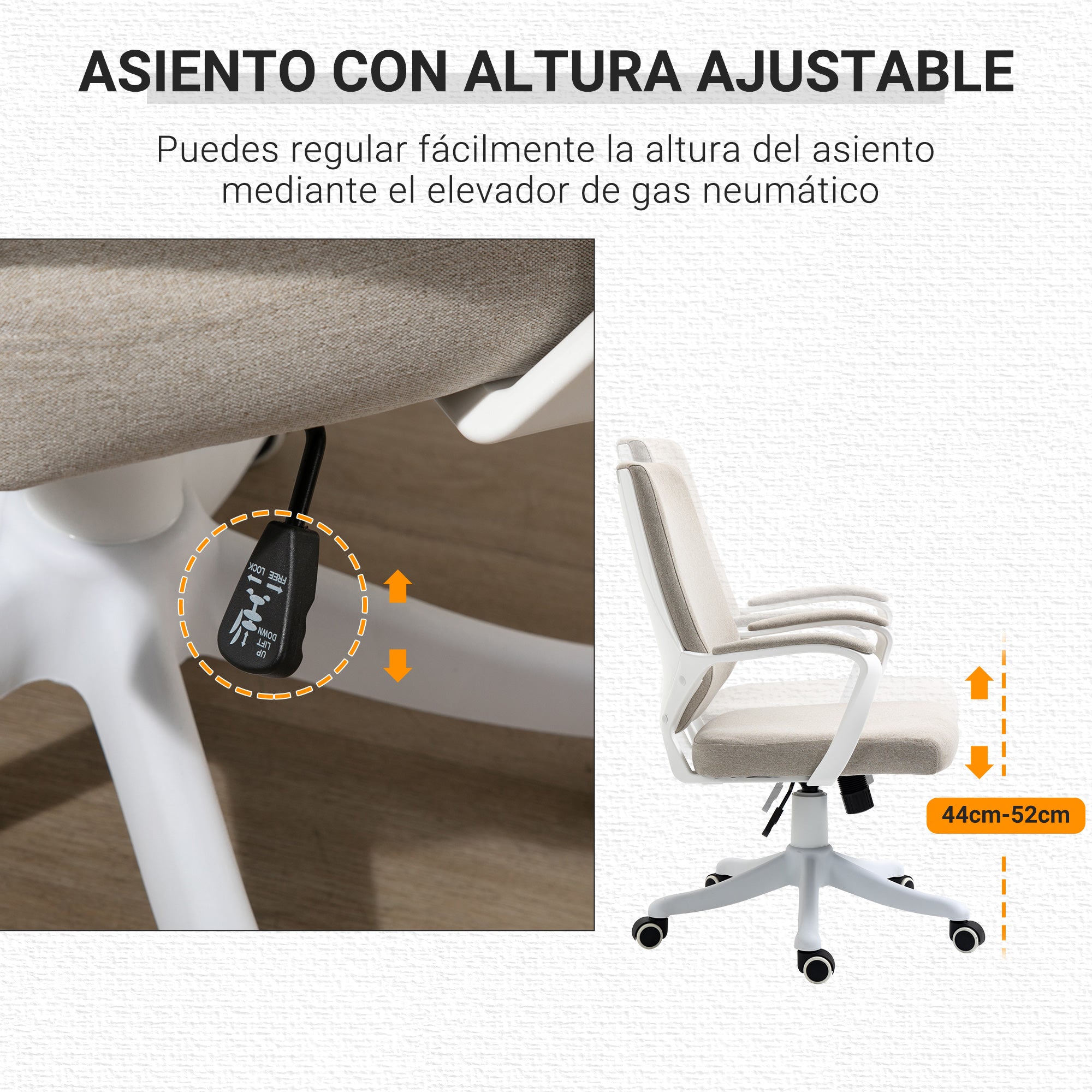 Swivel Office Chair Tilt Desk Chair with Armrests and Adjustable Height for Bedroom Living Room Load 120 kg 62x69x92-100 cm Beige