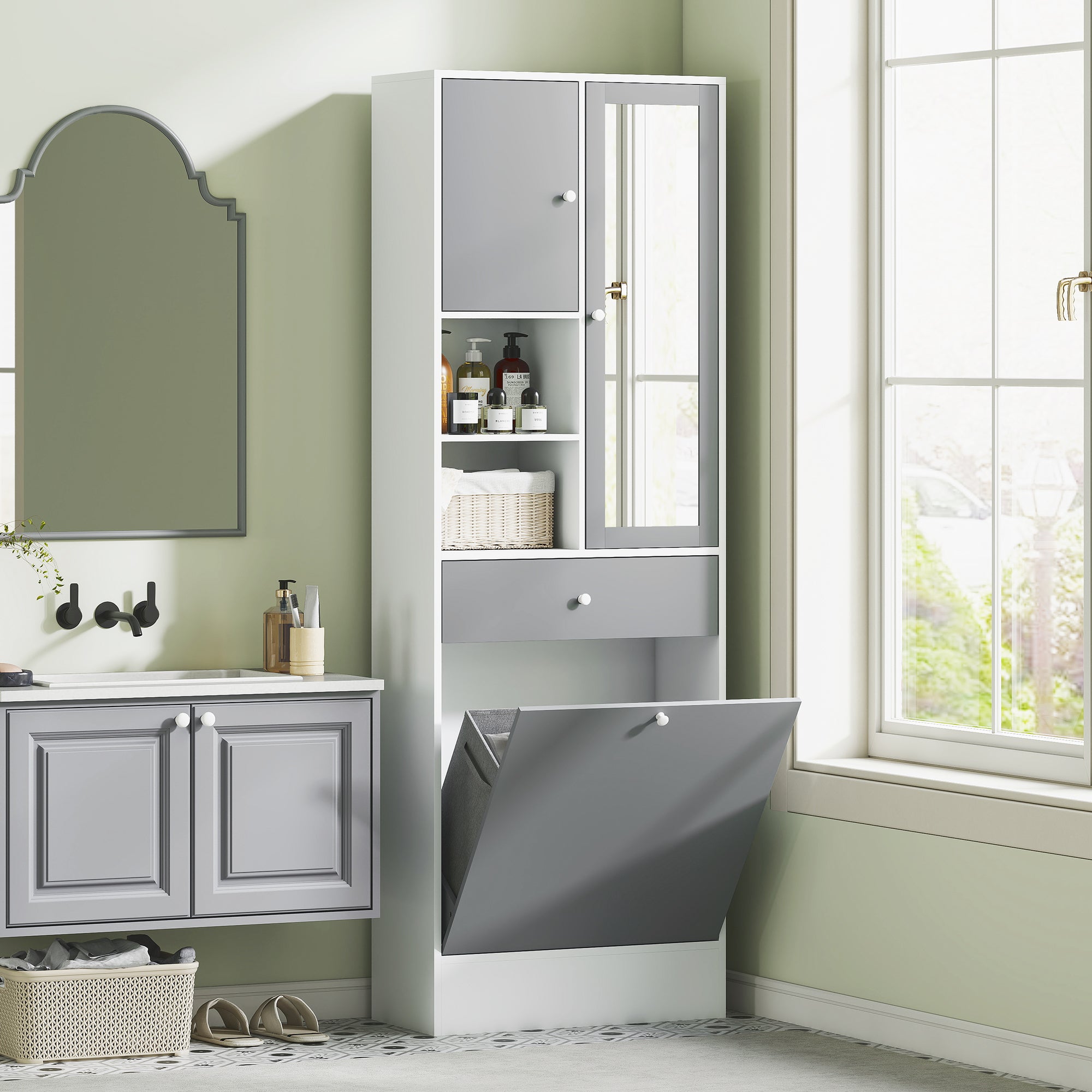Bathroom Cabinet with Laundry Hamper Tall Bathroom Cabinet Narrow with Mirror Drawer Open Compartments and Adjustable Shelves 24.4x11.1x71.3 inches White and Gray