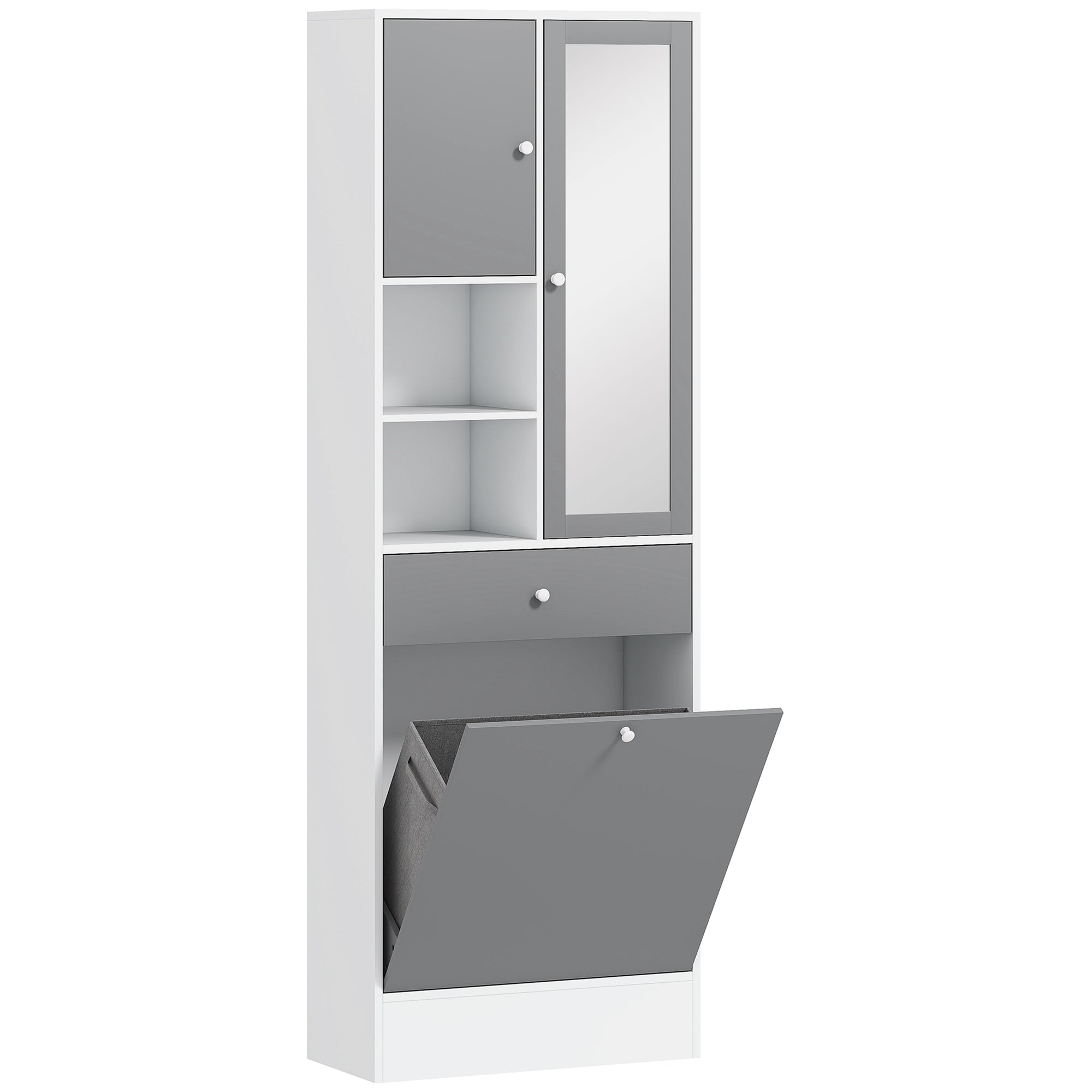 Bathroom Cabinet with Laundry Hamper Tall Bathroom Cabinet Narrow with Mirror Drawer Open Compartments and Adjustable Shelves 24.4x11.1x71.3 inches White and Gray