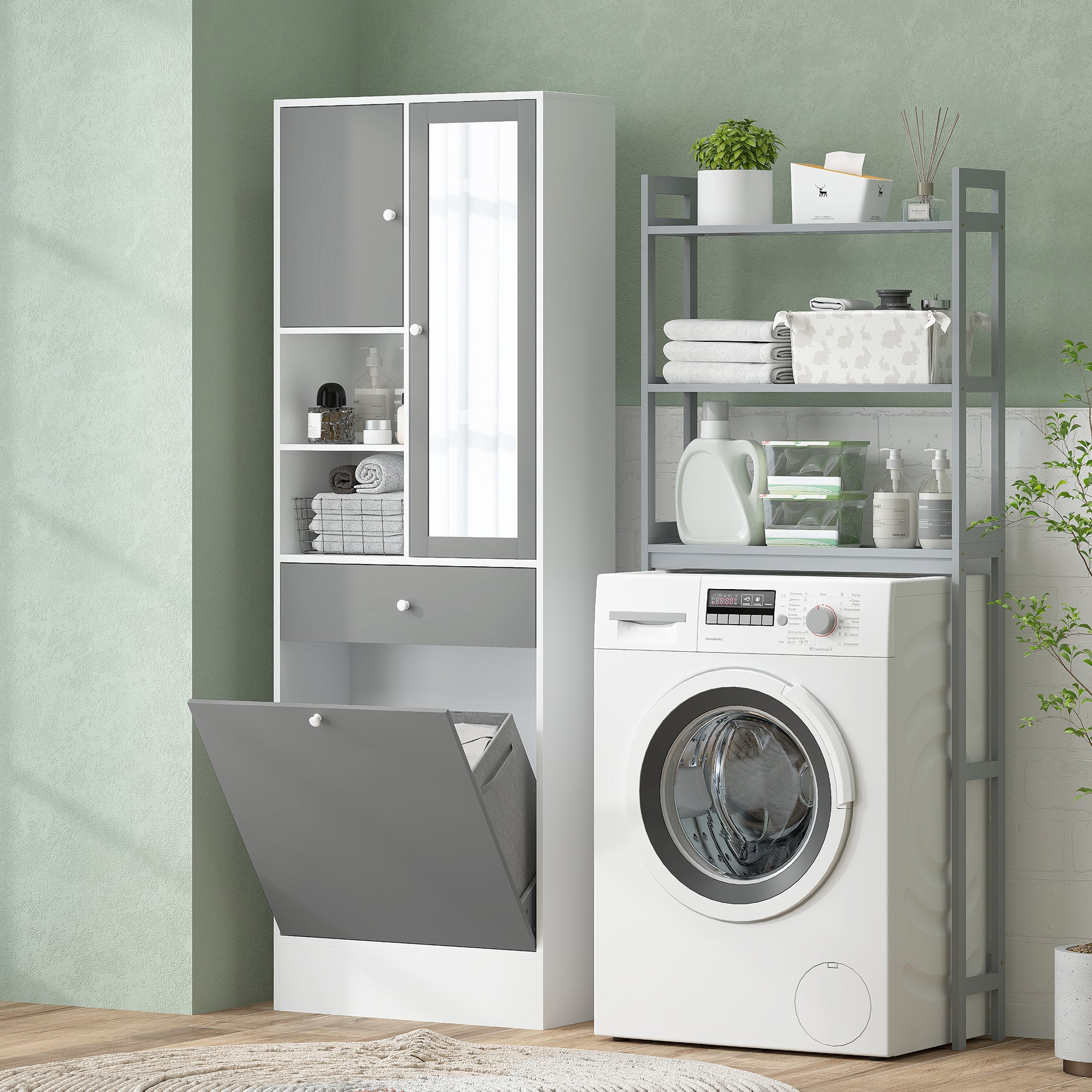 Bathroom Cabinet with Laundry Hamper Tall Bathroom Cabinet Narrow with Mirror Drawer Open Compartments and Adjustable Shelves 24.4x11.1x71.3 inches White and Gray