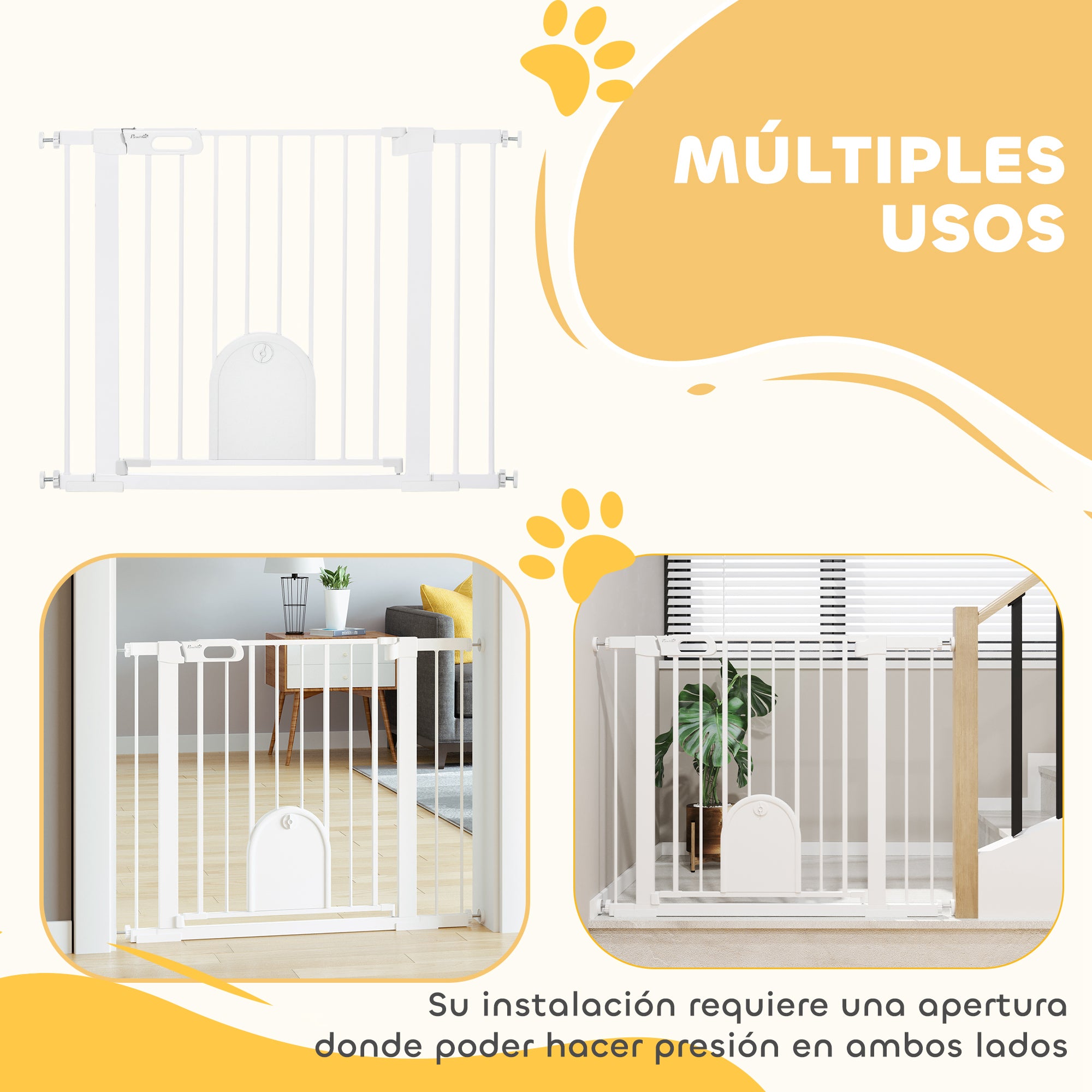 Dog Pet Safety Gate 75-103 cm for Stairs and Doors with 2 Extensions Automatic Lock and Double Lock System White