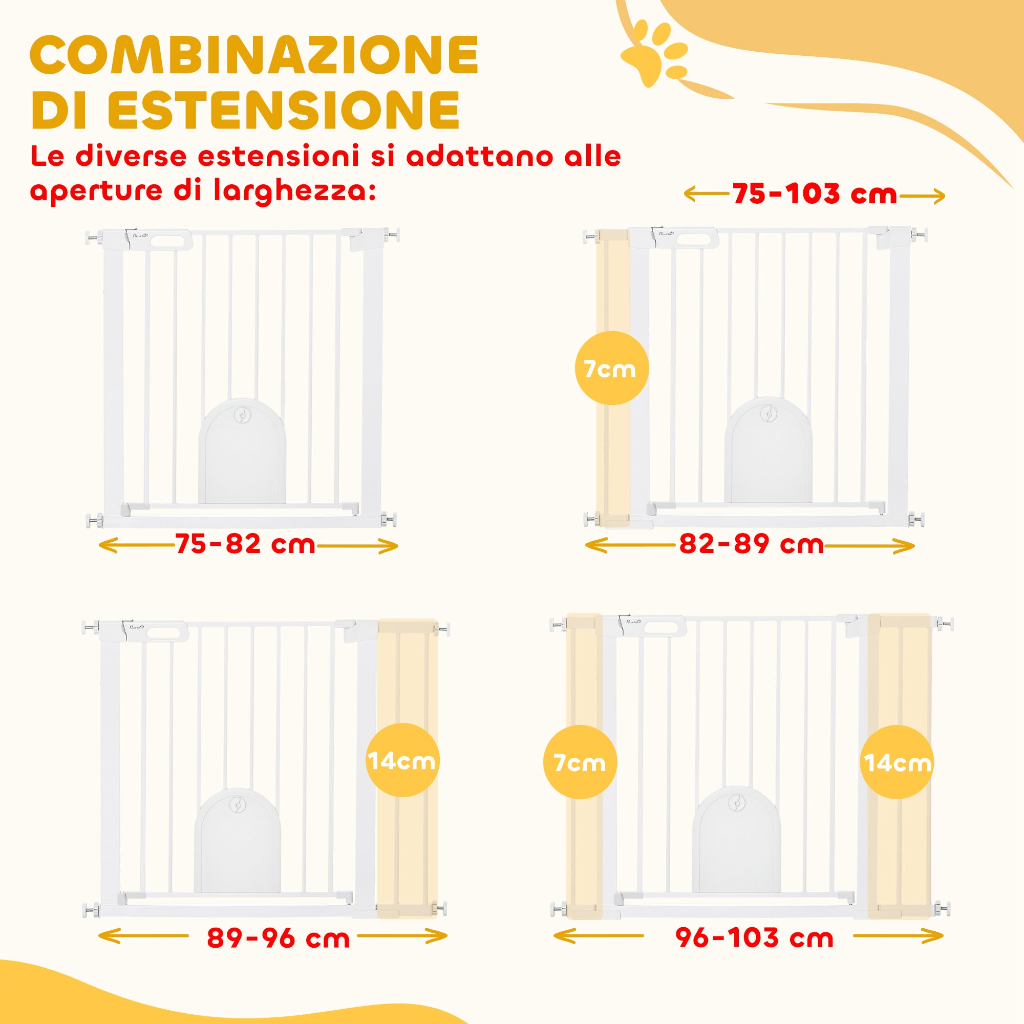 Dog Pet Safety Gate 75-103 cm for Stairs and Doors with 2 Extensions Automatic Lock and Double Lock System White