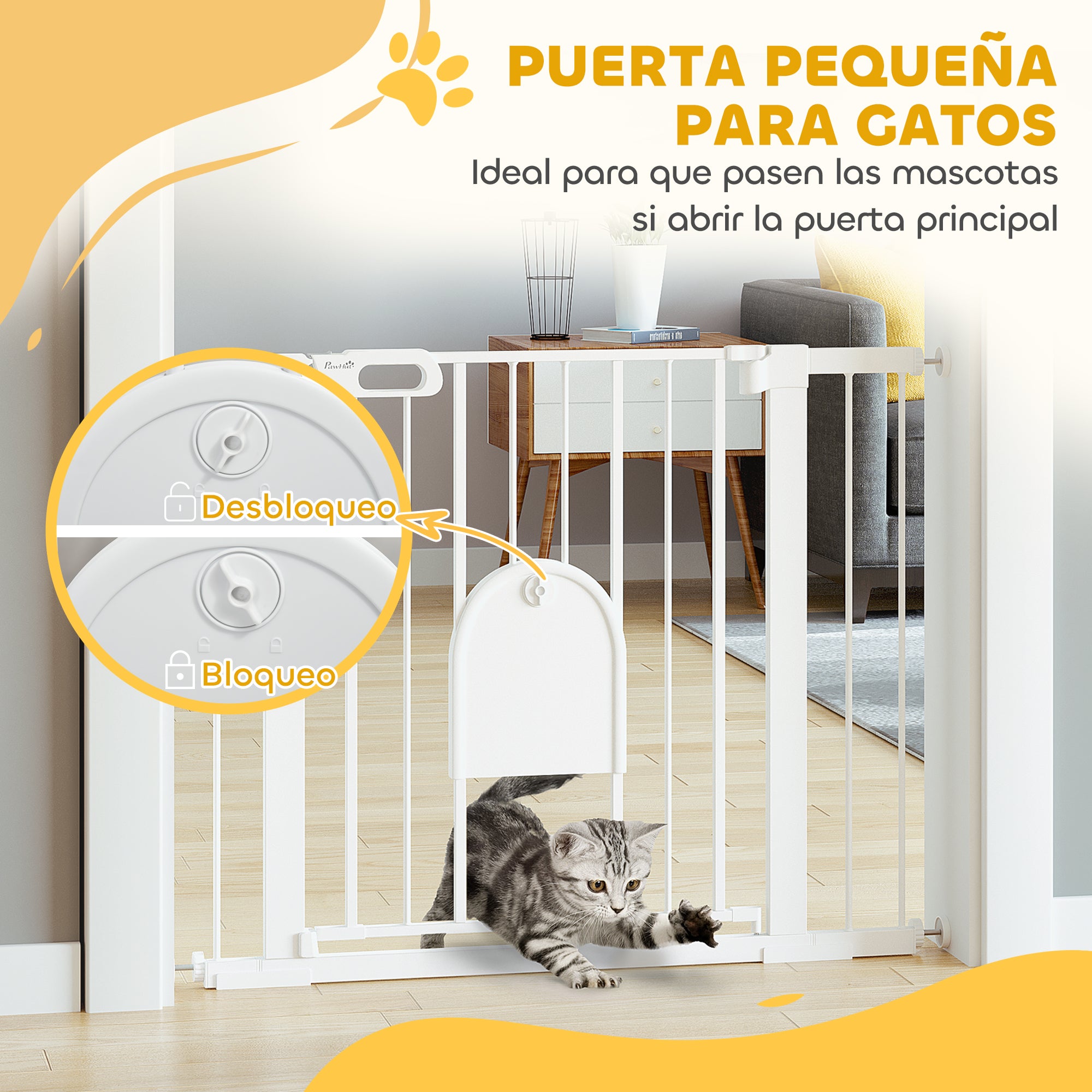Dog Pet Safety Gate 75-103 cm for Stairs and Doors with 2 Extensions Automatic Lock and Double Lock System White