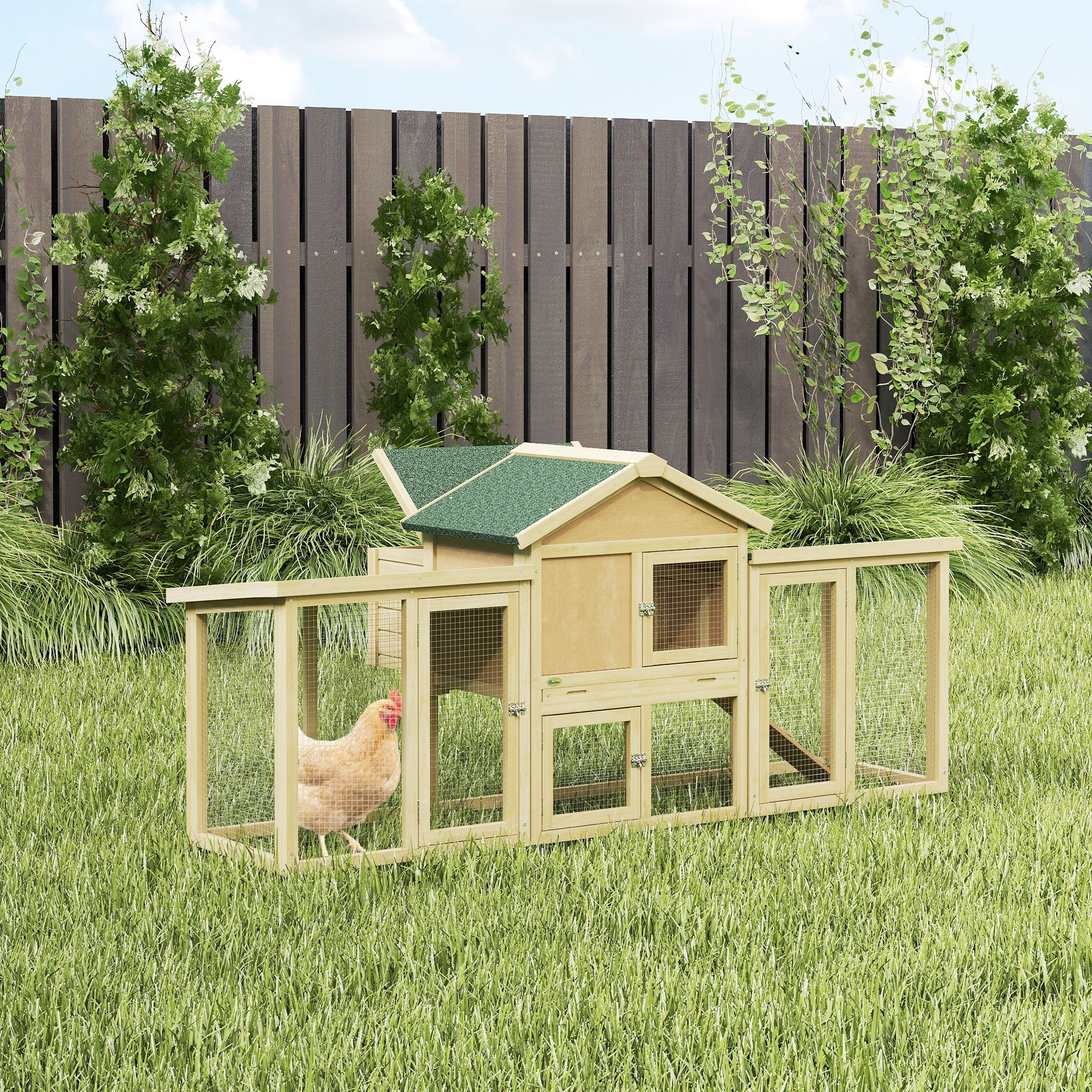 Wooden Chicken Coop 204 x 85 x 93 cm (80.3 x 33.5 x 36.6 in) — 2-Level Outdoor Run, Nesting Box, Waterproof Roof, Perch & Ramp, Natural Wood