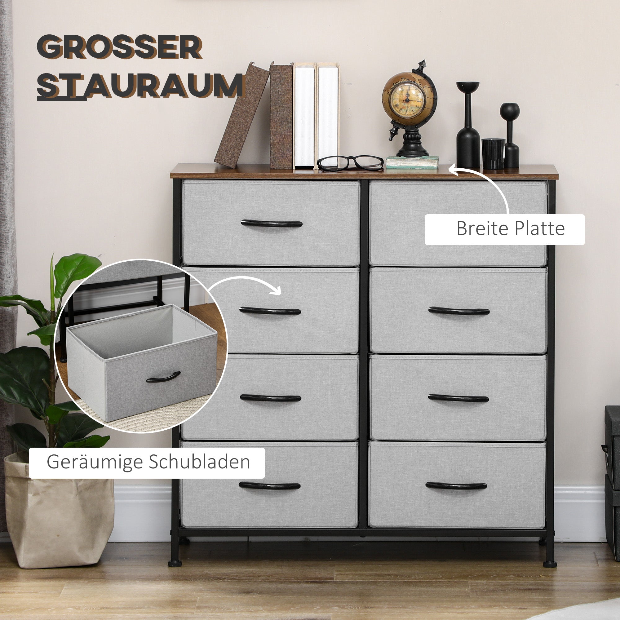 Chest of Drawers Sideboard with 8 Foldable Fabric Drawers, Drawer Cabinet with Worktop, Handle, Multi-Purpose Cabinet with Anti-Tip Device, for Living Room Bedroom, Gray
