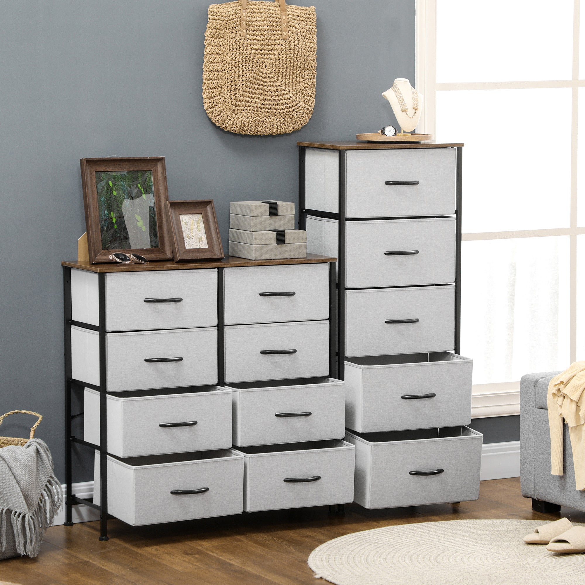 Chest of Drawers Sideboard with 8 Foldable Fabric Drawers, Drawer Cabinet with Worktop, Handle, Multi-Purpose Cabinet with Anti-Tip Device, for Living Room Bedroom, Gray