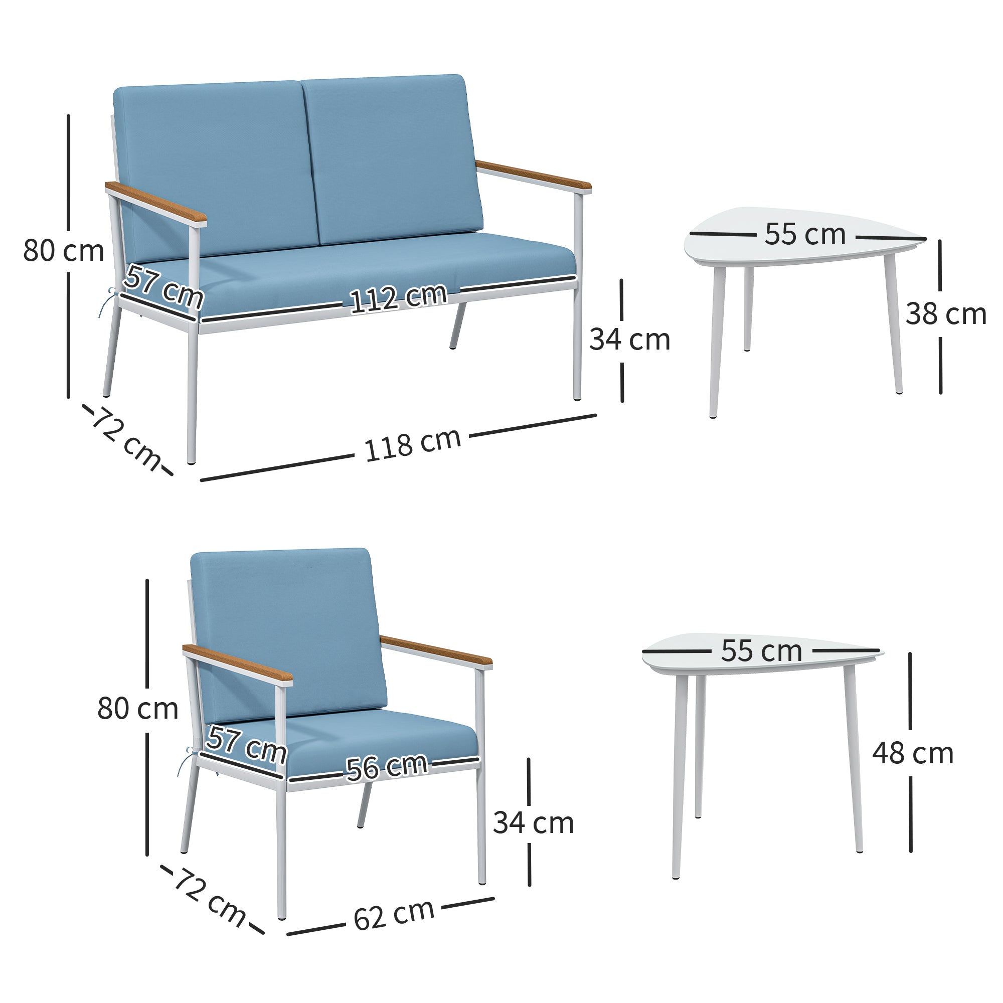 Outdoor Garden Furniture 4-Person Set, 5-Piece Balcony Lounge Set with Sofa, 2 Armchairs, and 2 Tempered Glass Coffee Tables, Cushions Included, Patio Garden Furniture Terrace, Light Blue