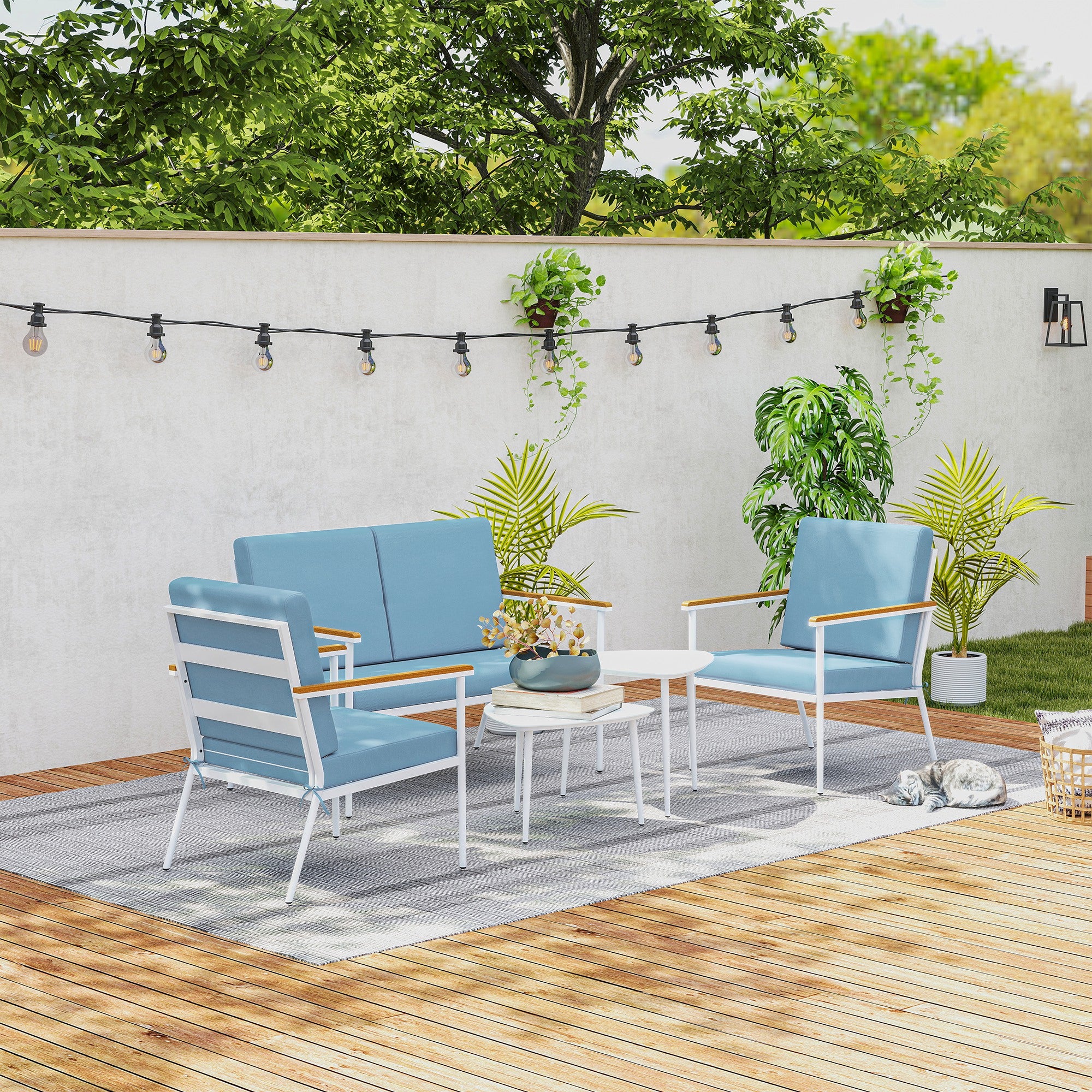 Outdoor Garden Furniture 4-Person Set, 5-Piece Balcony Lounge Set with Sofa, 2 Armchairs, and 2 Tempered Glass Coffee Tables, Cushions Included, Patio Garden Furniture Terrace, Light Blue