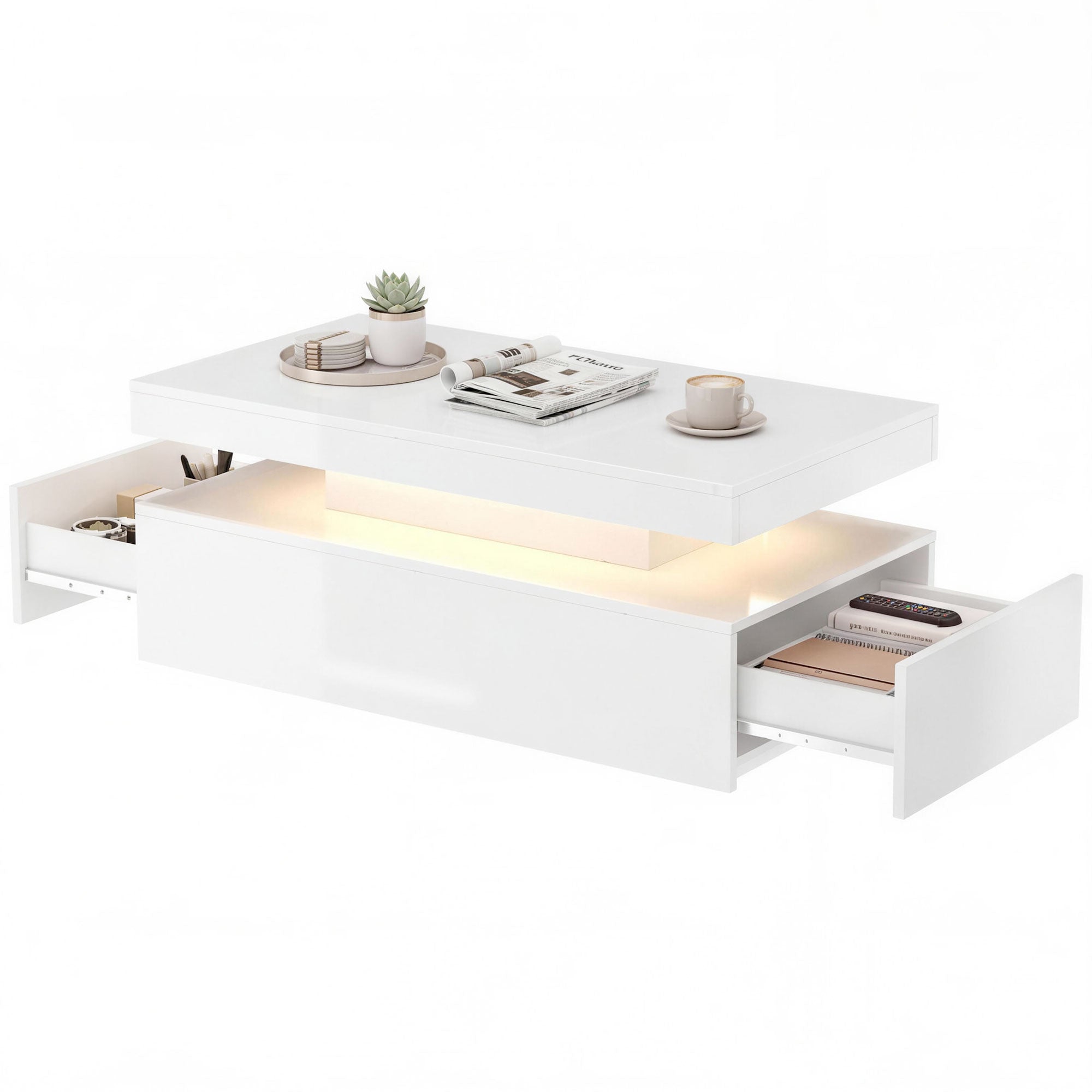 Coffee Table, High-Gloss White with Dimmable RGB LED Strip, App Control, 2 Drawers, Music Sync & Timer, Modern Side Table 39.4 x 19.7 x 15.7 in (100 x 50 x 40 cm)
