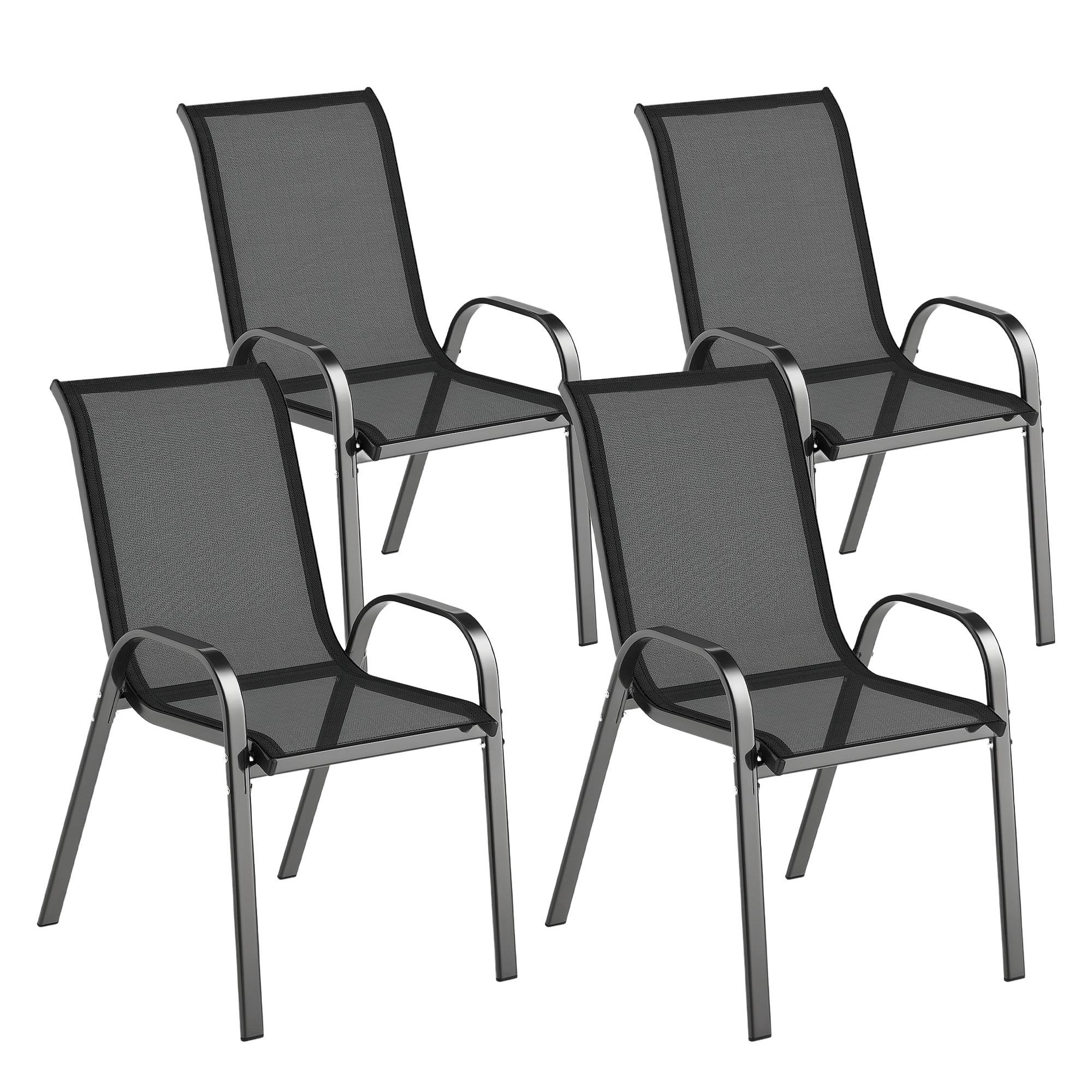 Set of 4 Outdoor Garden Chairs Stackable Terrace Chairs Garden Chairs with Breathable Fabric Steel Frame Armrests and High Backrest 54x71x93 cm Black