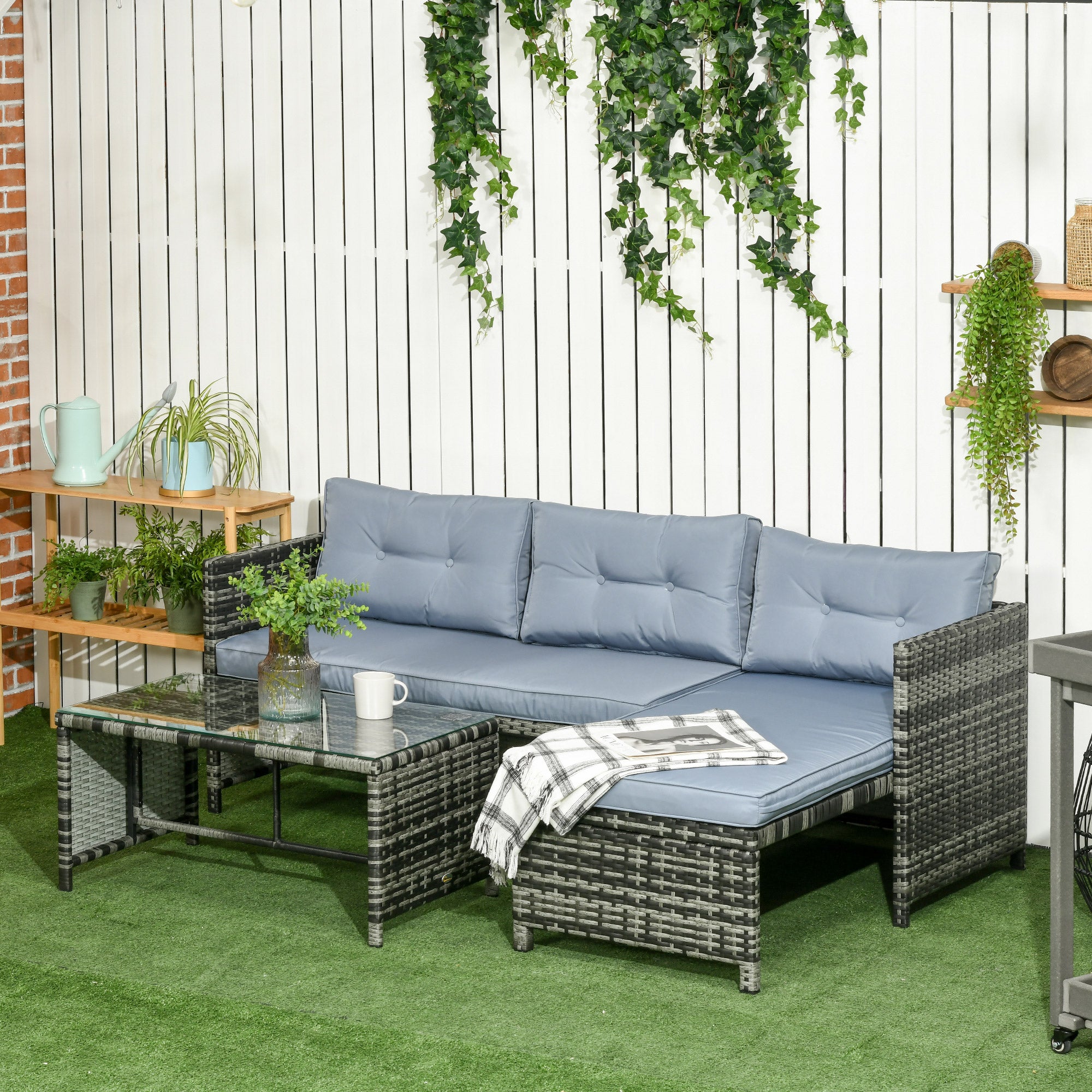 Garden Lounge Set with 2-Seater Sofa, Chaise Longue, and Coffee Table, PE Rattan and Glass Garden Set with Cushions, Gray