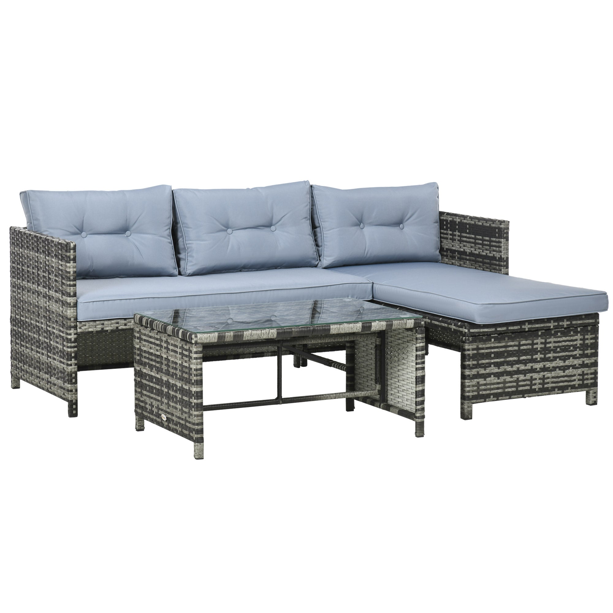 Garden Lounge Set with 2-Seater Sofa, Chaise Longue, and Coffee Table, PE Rattan and Glass Garden Set with Cushions, Gray