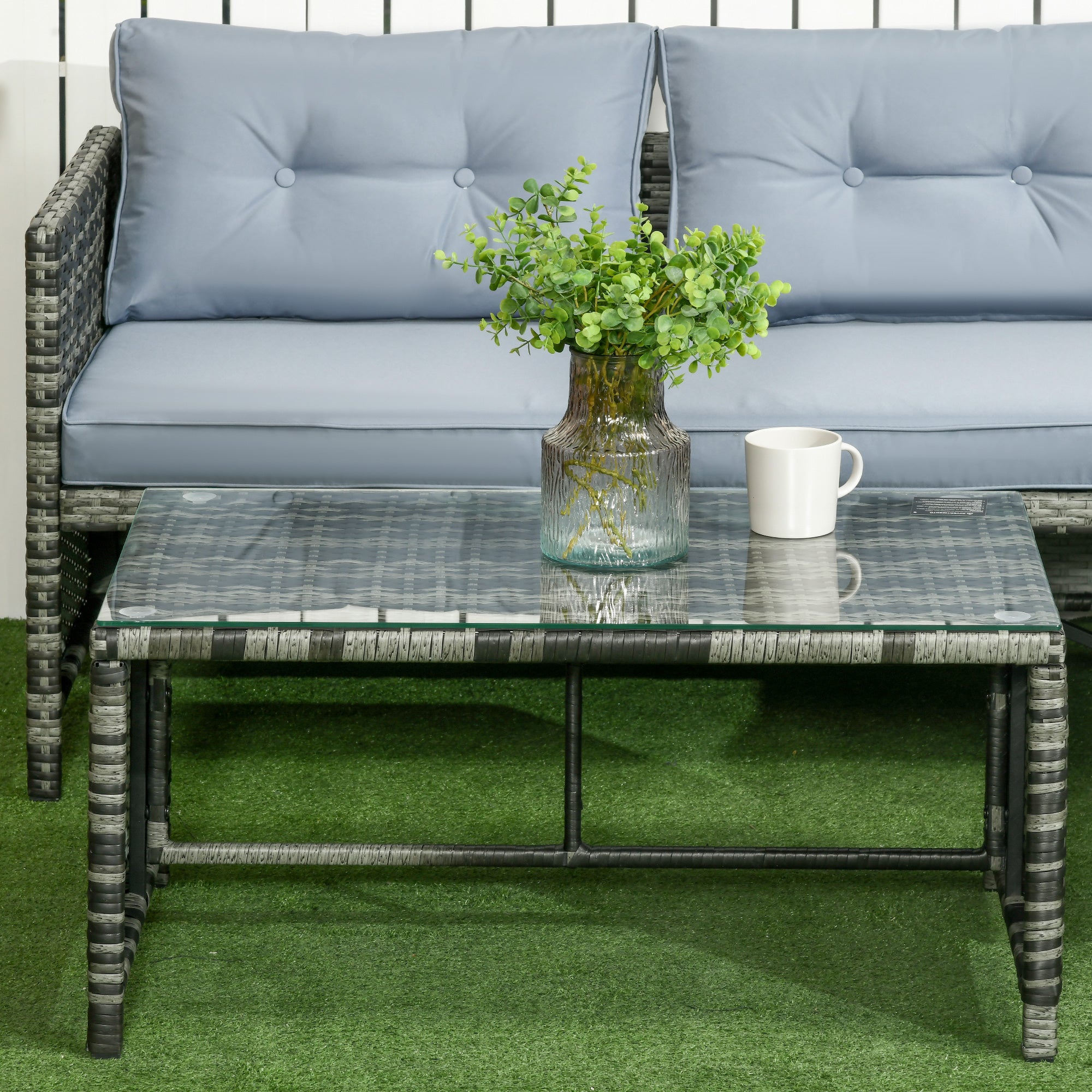 Garden Lounge Set with 2-Seater Sofa, Chaise Longue, and Coffee Table, PE Rattan and Glass Garden Set with Cushions, Gray