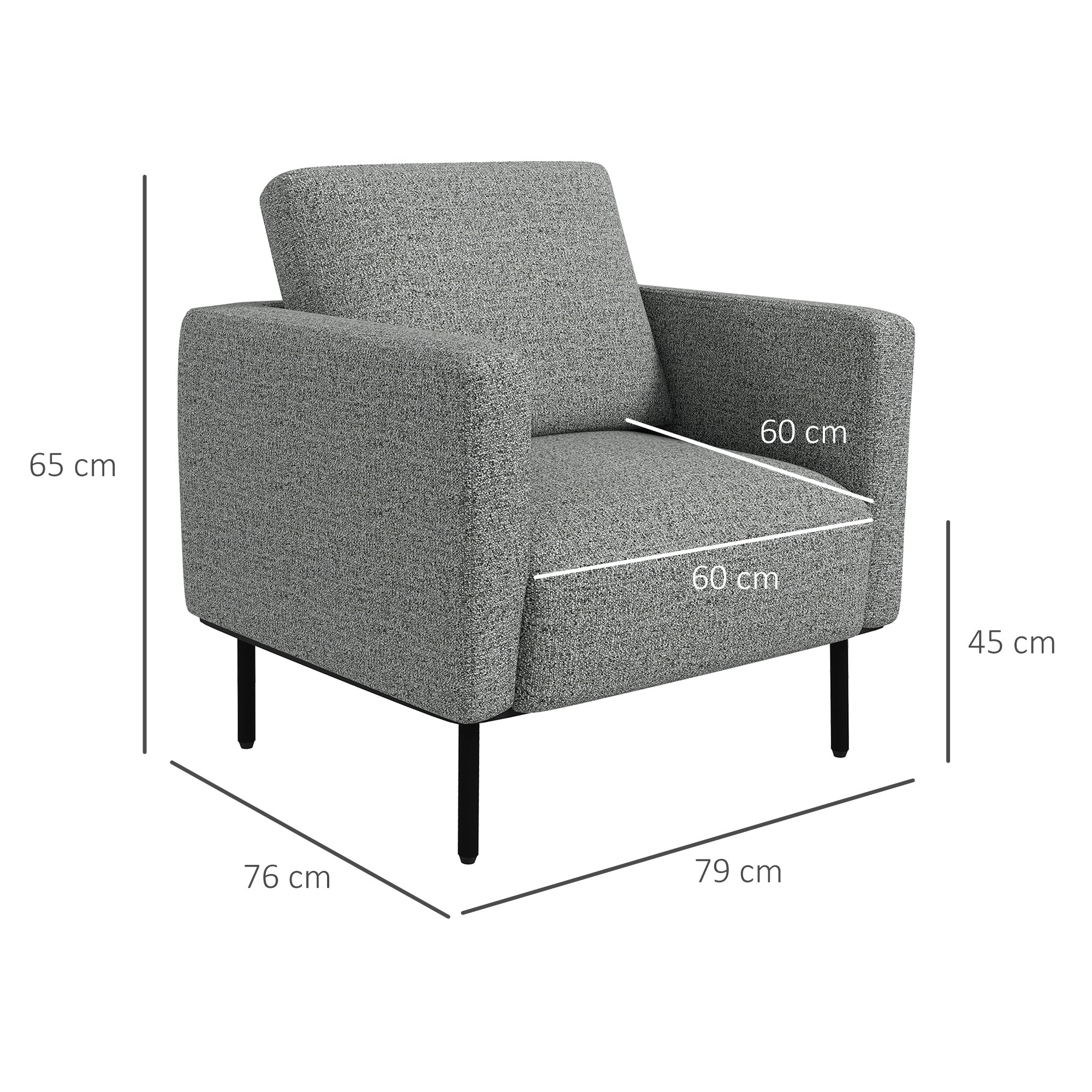 Fabric Lounge Chair 1-Seater Fabric Upholstered Armchair with Steel Legs Comfortable Chair for Living Room Bedroom Living Room Office Interior 79 x 76 x 65 cm Gray Black