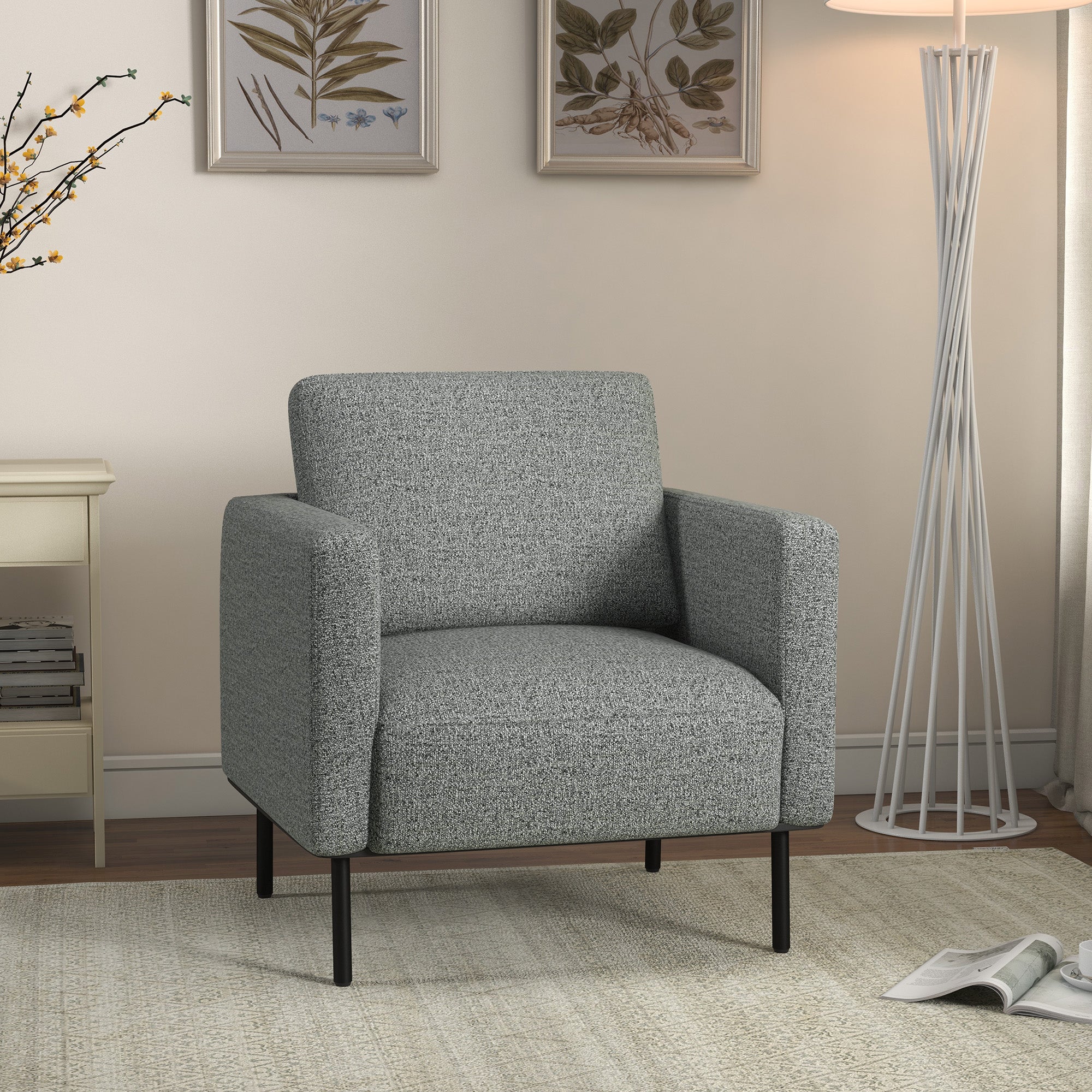 Fabric Lounge Chair 1-Seater Fabric Upholstered Armchair with Steel Legs Comfortable Chair for Living Room Bedroom Living Room Office Interior 79 x 76 x 65 cm Gray Black